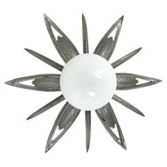 French Art Deco Starburst Sunburst Flush Mount, Silvered Bronze and Milk Glass