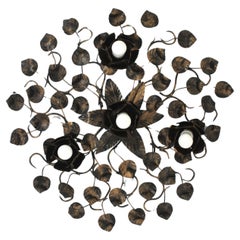 Large Foliage Floral Flush Mount Light Fixture in Gilt Patinated Iron