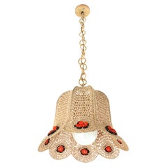 Spanische glockenförmige Pendelleuchte aus Acryl, Makramee und Rattan, 1970er Jahre