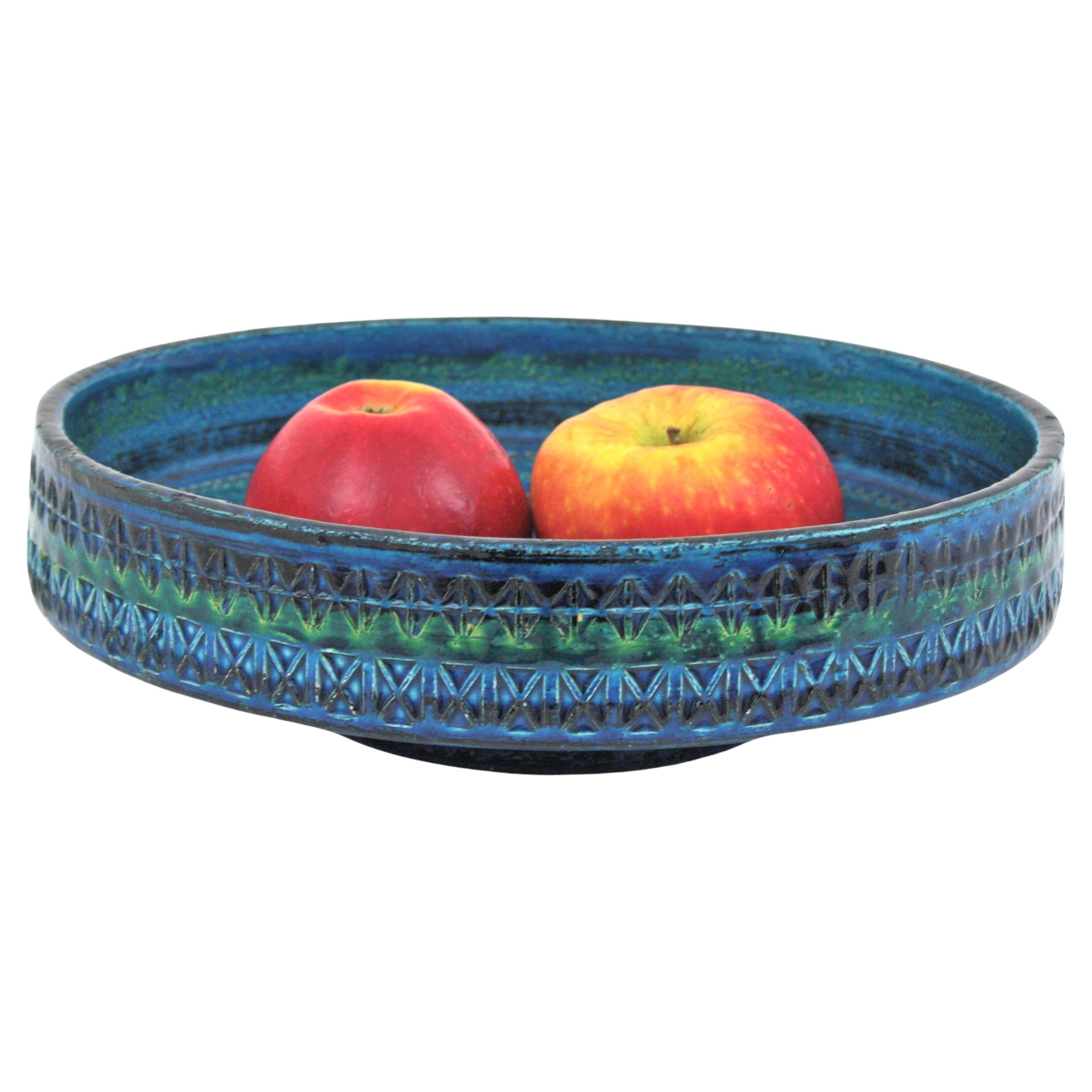 Grand bol de centre de table en céramique vitrifiée bleue Aldo Londi Bitossi, années 1950