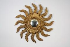 Sculptural Mid-Century Modern Double Layer Giltwood Convex Sunburst Mirror