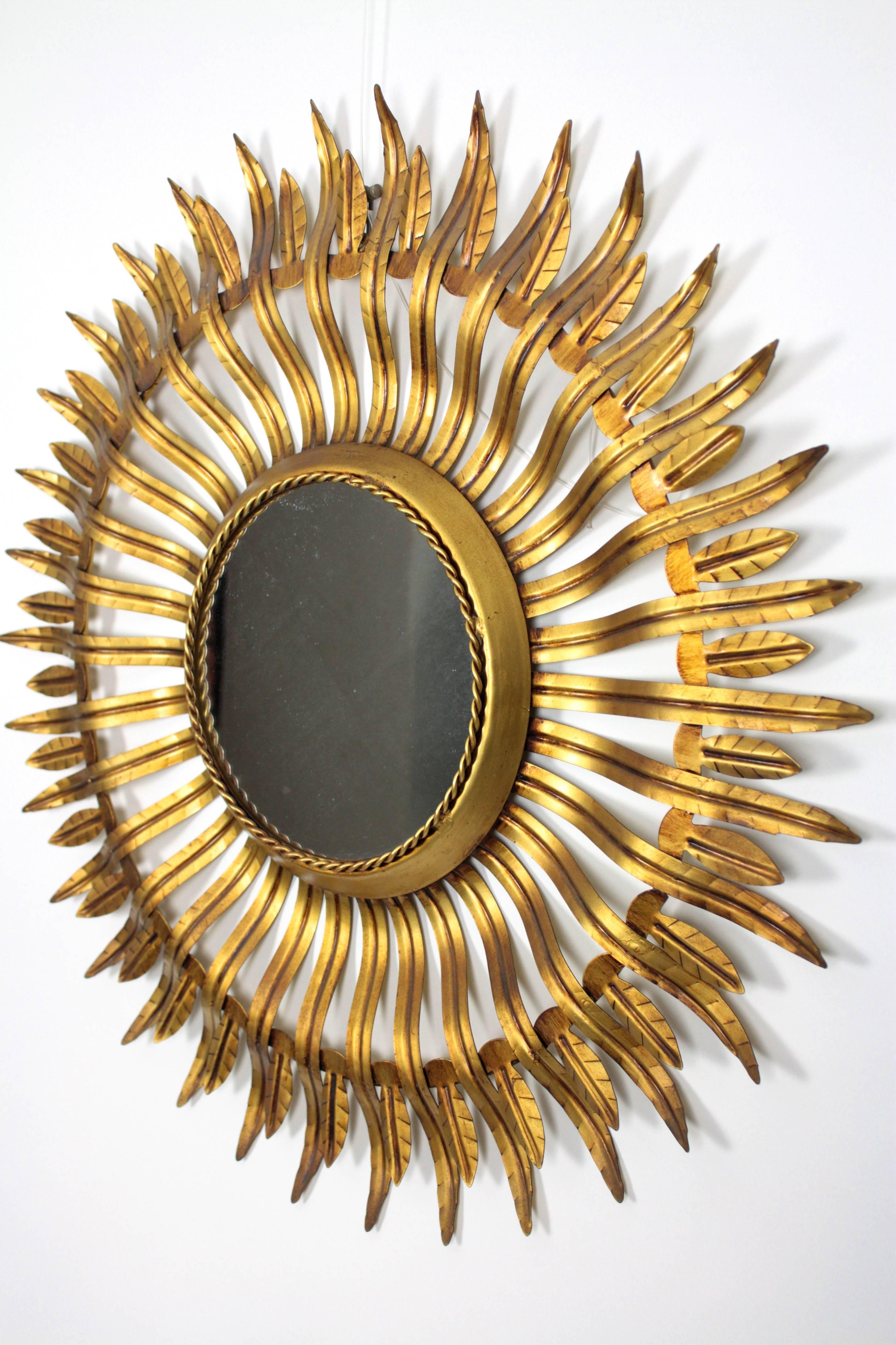 Spanish Hollywood Regency Gilt Iron Sunburst Mirror