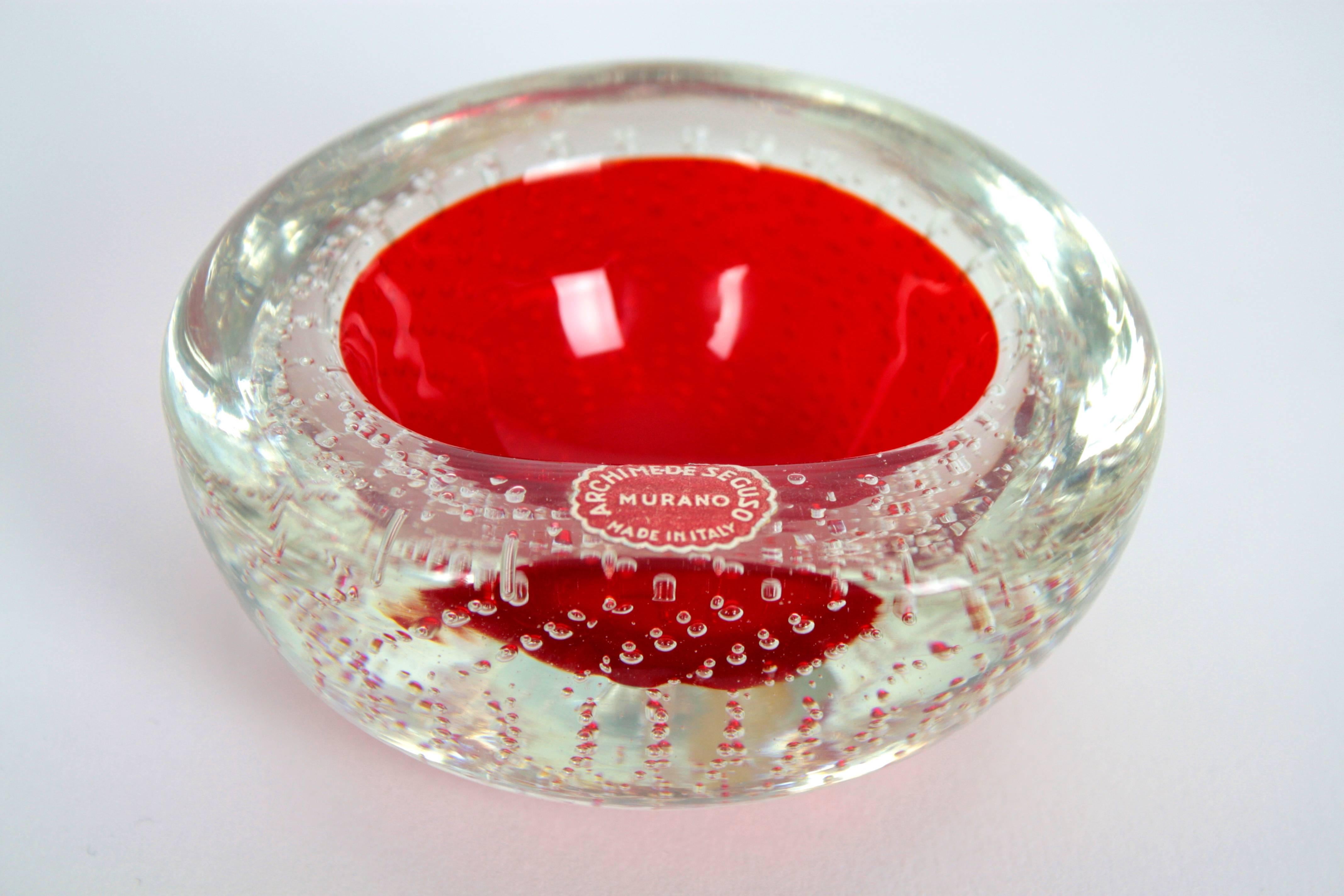 Archimede Seguso Bullicante Murano Red and Clear Italian Art Glass Geode Bow In Excellent Condition In Barcelona, ES