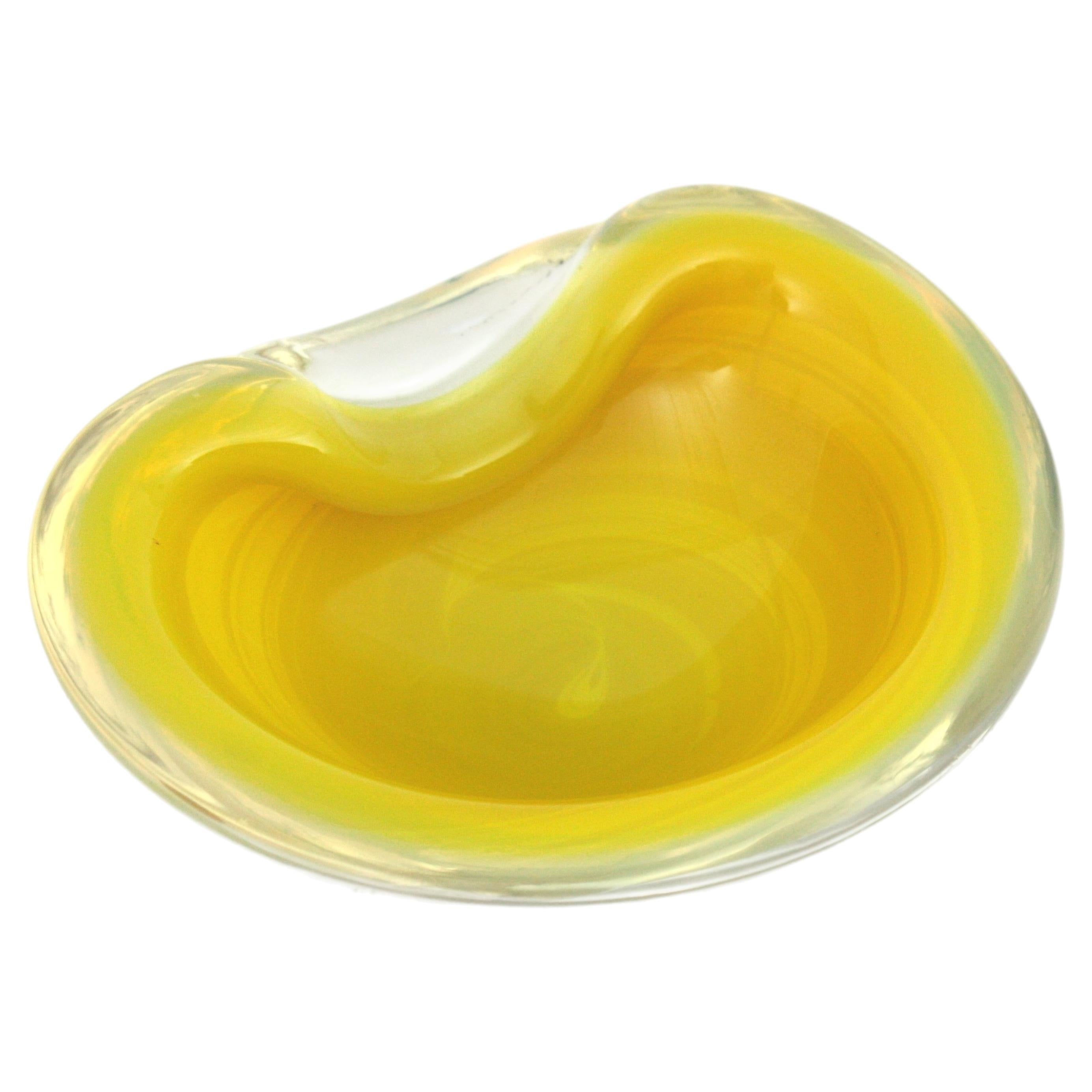 Seguso Murano Amarillo Ópalo Blanco Sommerso Cuenco / Cenicero Grande de Vidrio Artístico
