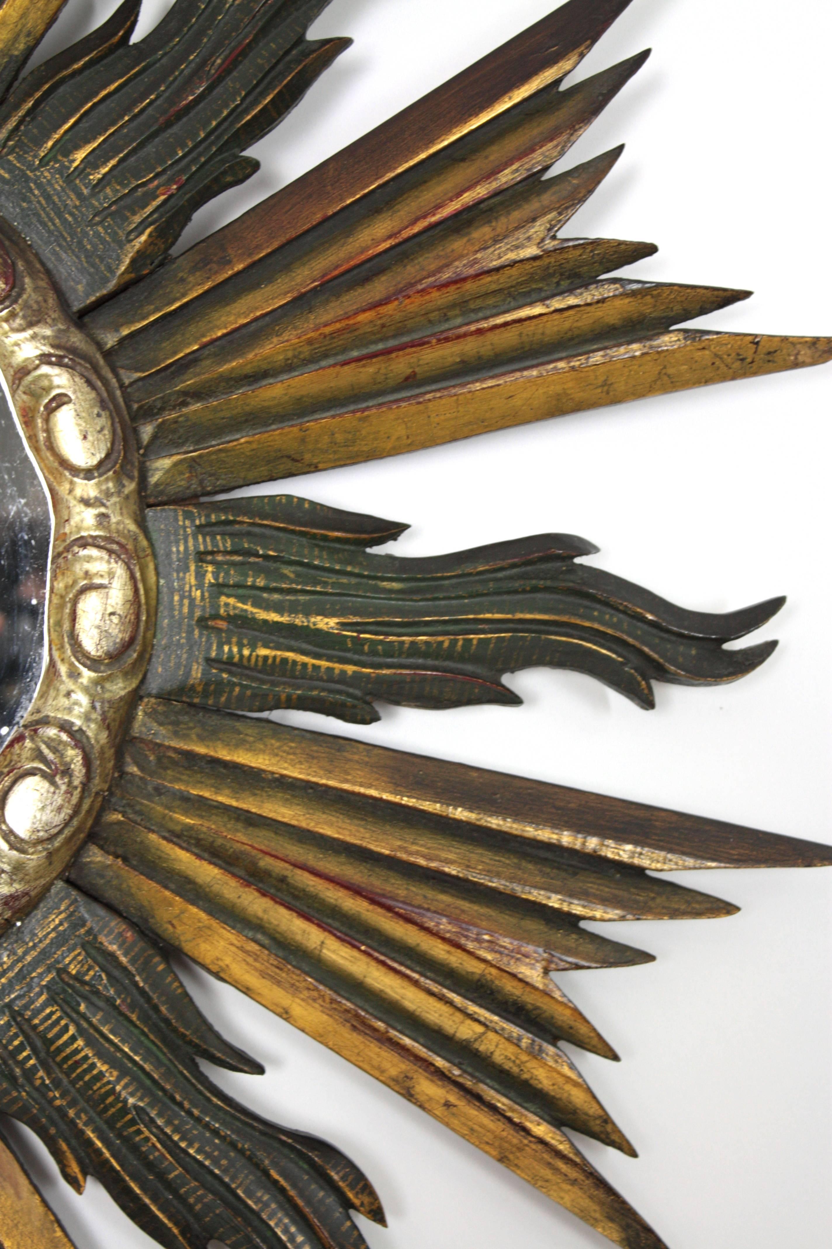 Spanish  Baroque Style Giltwood, Black & Silvered Sunburst Mirror, Spain 1930s