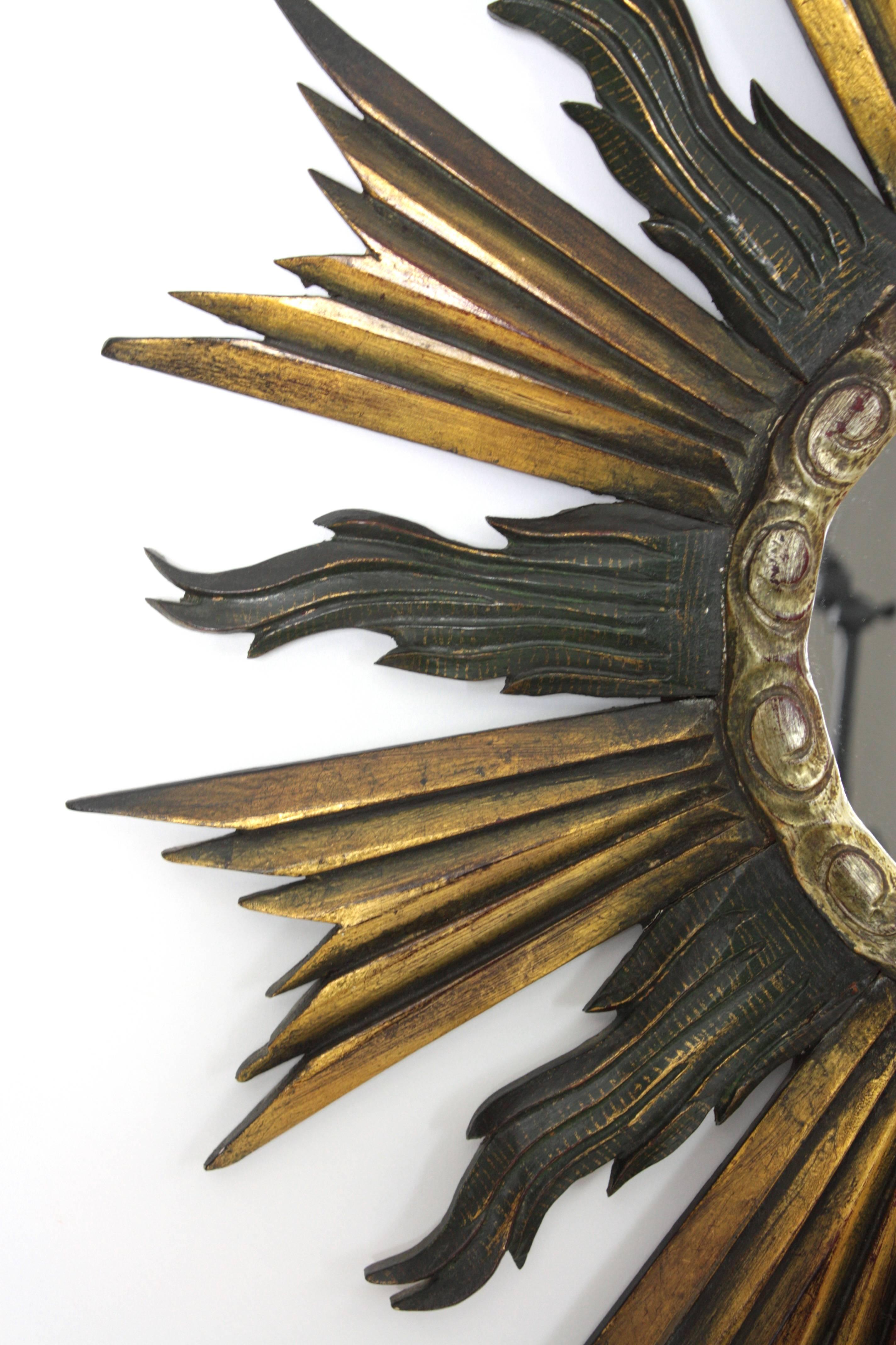  Baroque Style Giltwood, Black & Silvered Sunburst Mirror, Spain 1930s In Excellent Condition In Barcelona, ES
