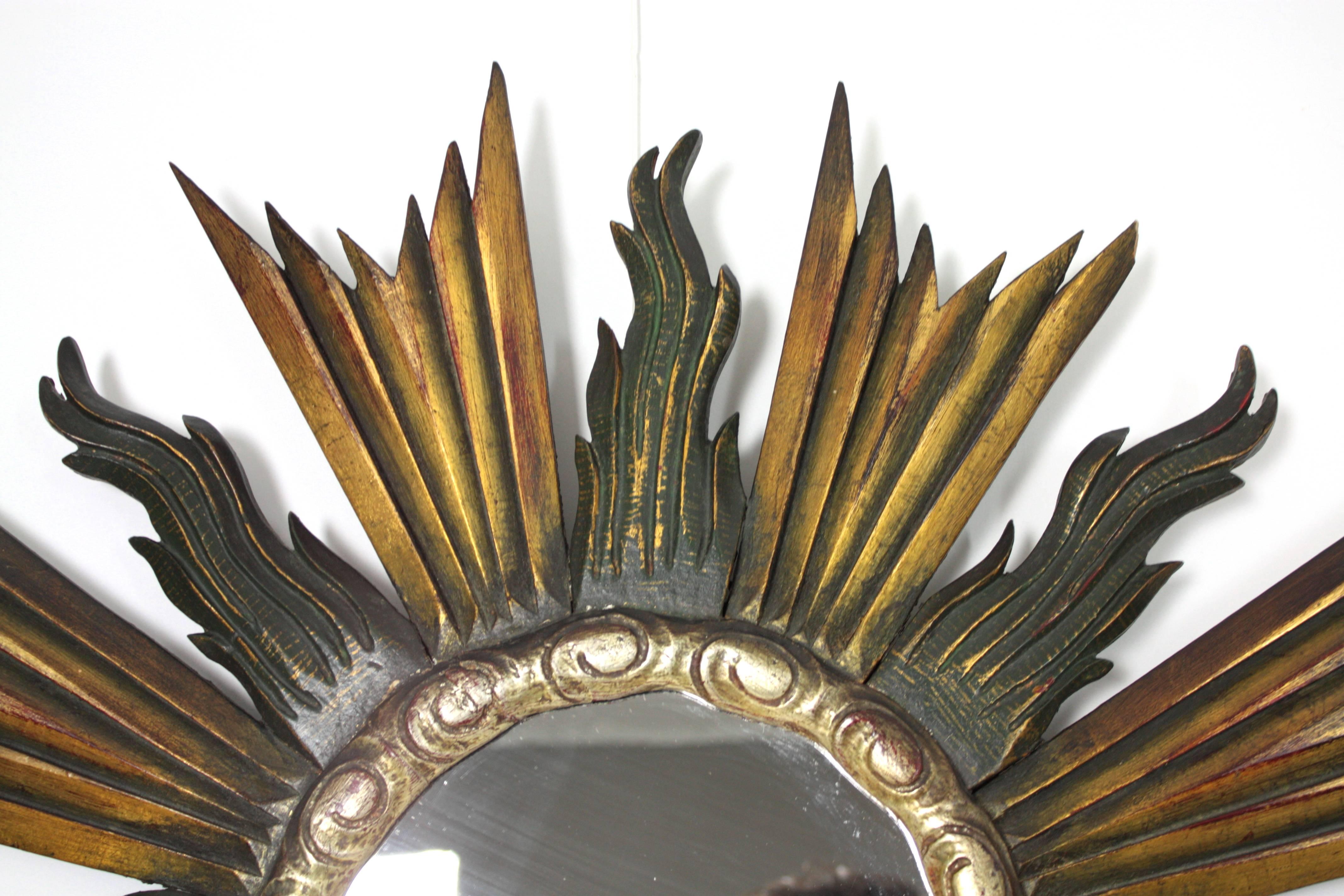 20th Century  Baroque Style Giltwood, Black & Silvered Sunburst Mirror, Spain 1930s