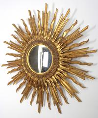 Miroir convexe à feuilles d'or ensoleillé français du début du 20e siècle
