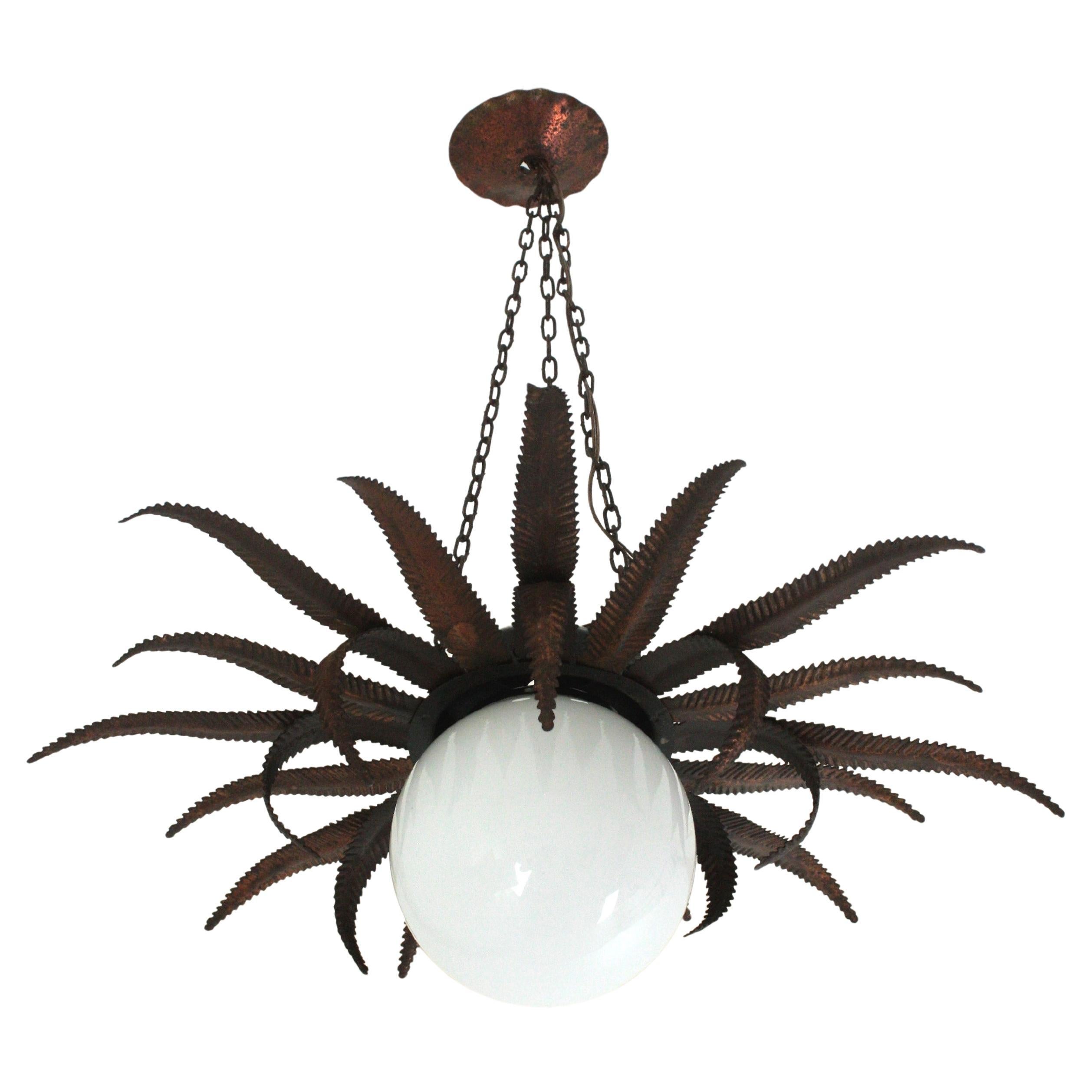 French Sunburst Starburst Pendant Light Fixture in Copper Metal and Milk Glass