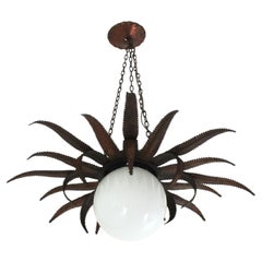 French Sunburst Starburst Pendant Light Fixture in Copper Metal and Milk Glass