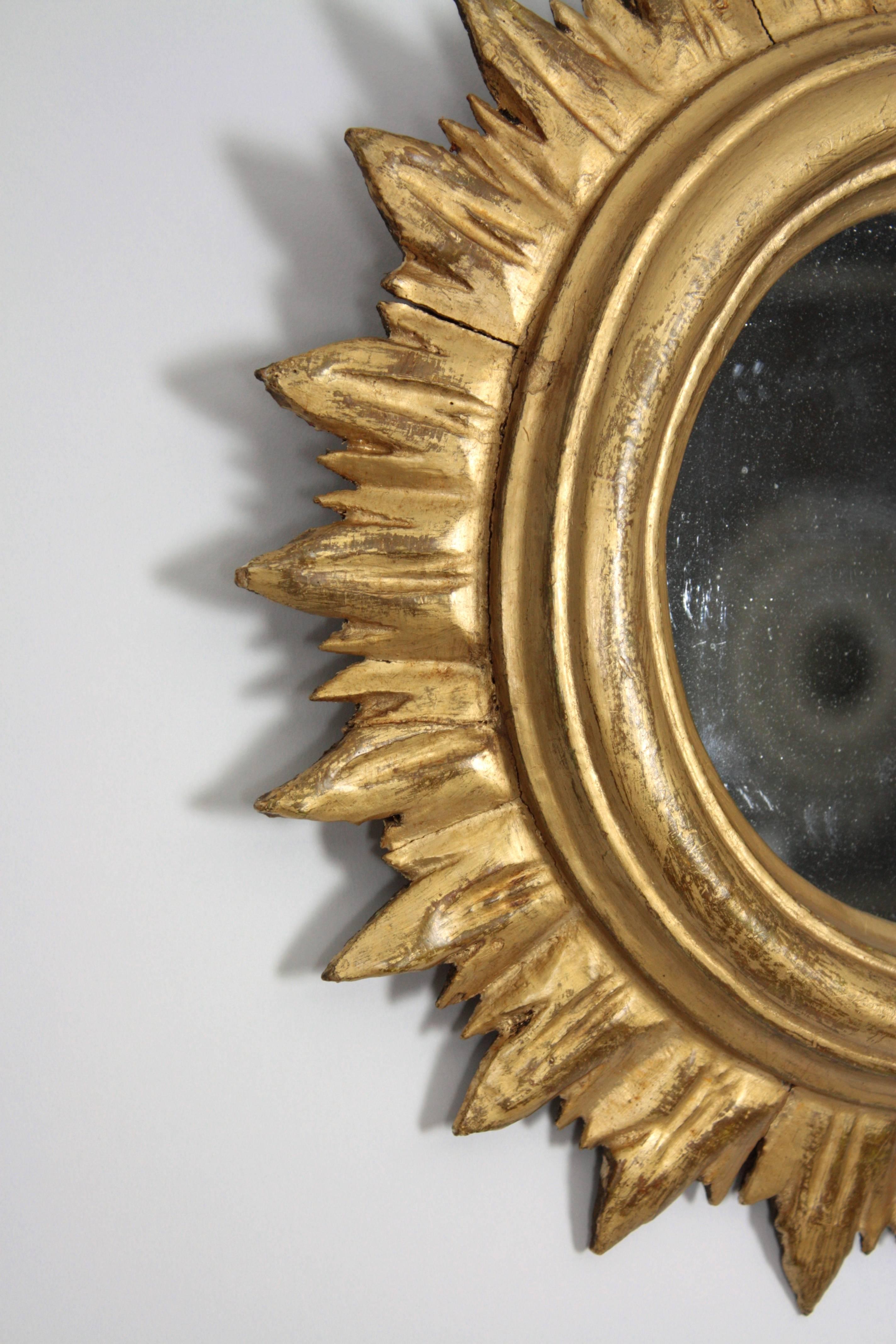 Carved Spanish 1940s Small Giltwood Sunburst Mirror in Regency Style