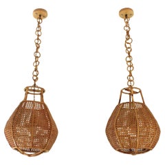 Pair of Italian Modernist Wicker Wire Rattan Globe Pendants / Hanging Lights