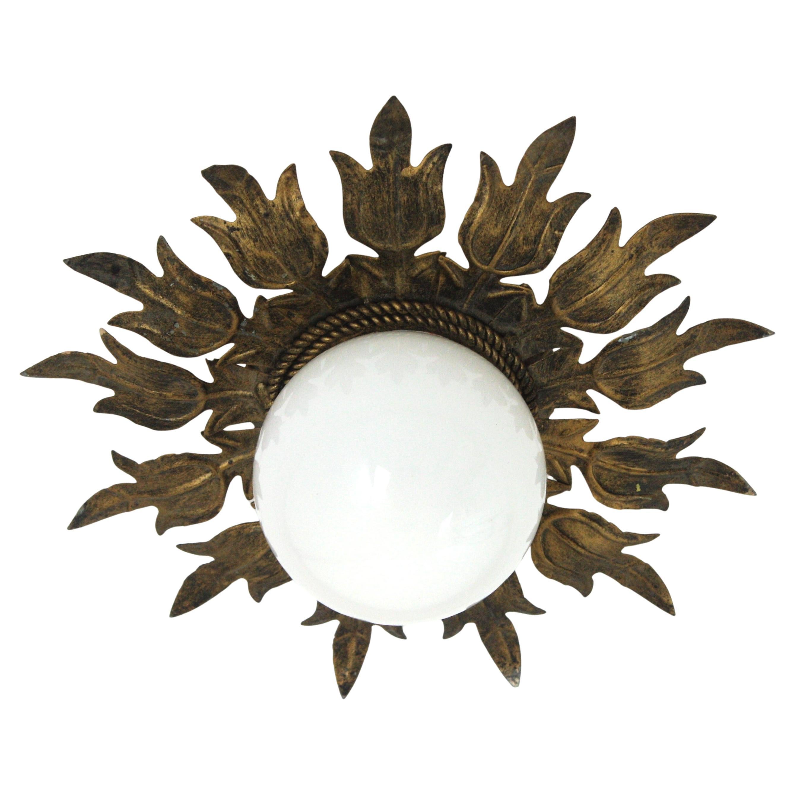 Sunburst Flower Ceiling Light Fixture in Gilt Iron and Milk Glass, 1950s