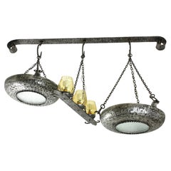 Spanish Large Chandelier / Ceiling Light Fixture in Silvered Iron, 1940s