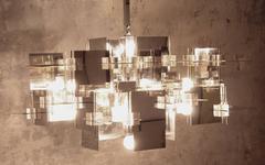 Large Gaetano Sciolari Constructivist Chrome Steel Lucite Brass Chandelier
