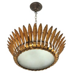 Crown Sunburst Leafed Ceiling Light Fixture with Frosted Glass, 1950s