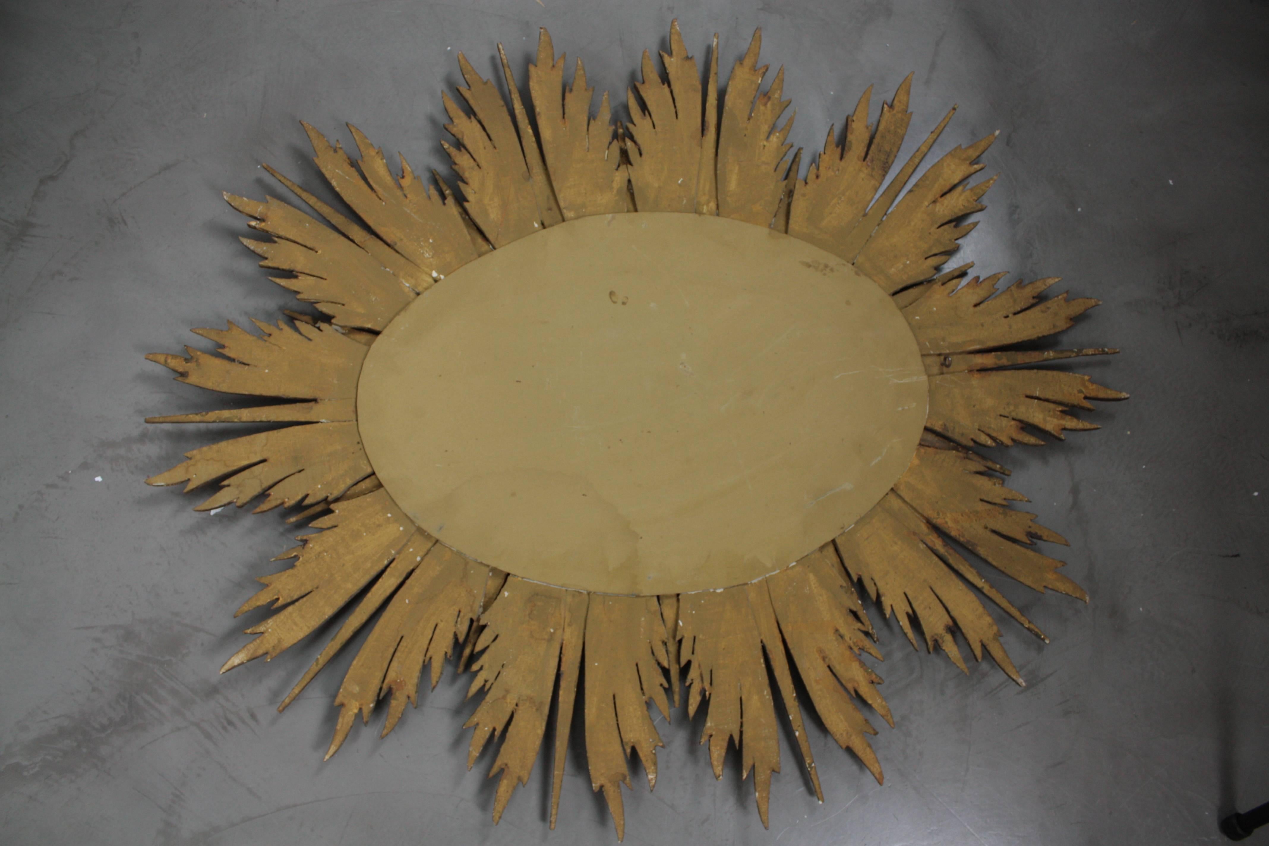 Large Spanish Carved Giltwood Sunburst or Starburst Oval Mirror 4