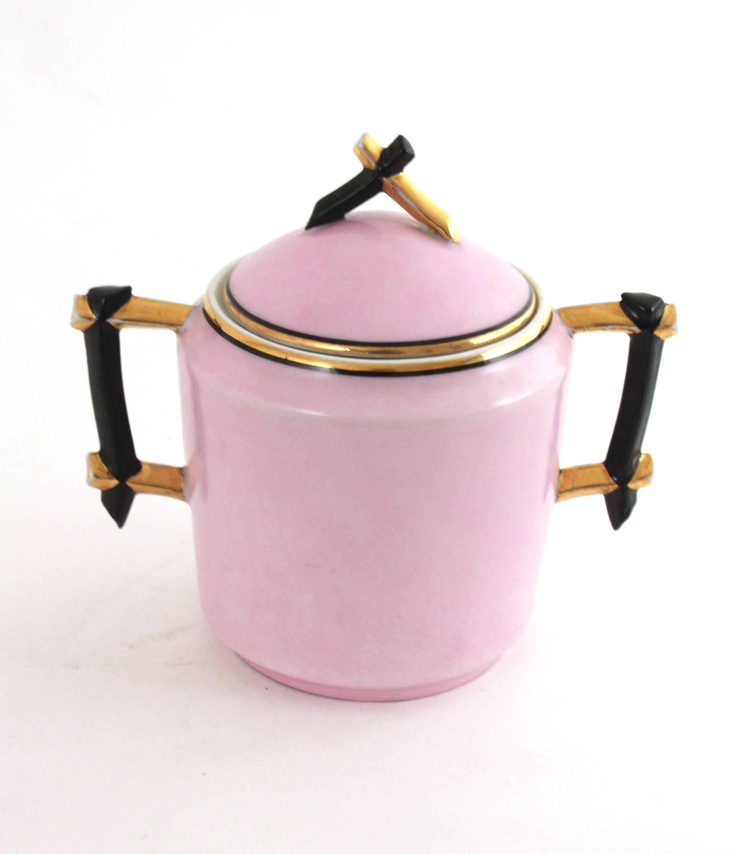 Französisches rosa Porzellan Art Deco Chinoiserie Kaffee Tee Service für sechs Personen im Angebot 6