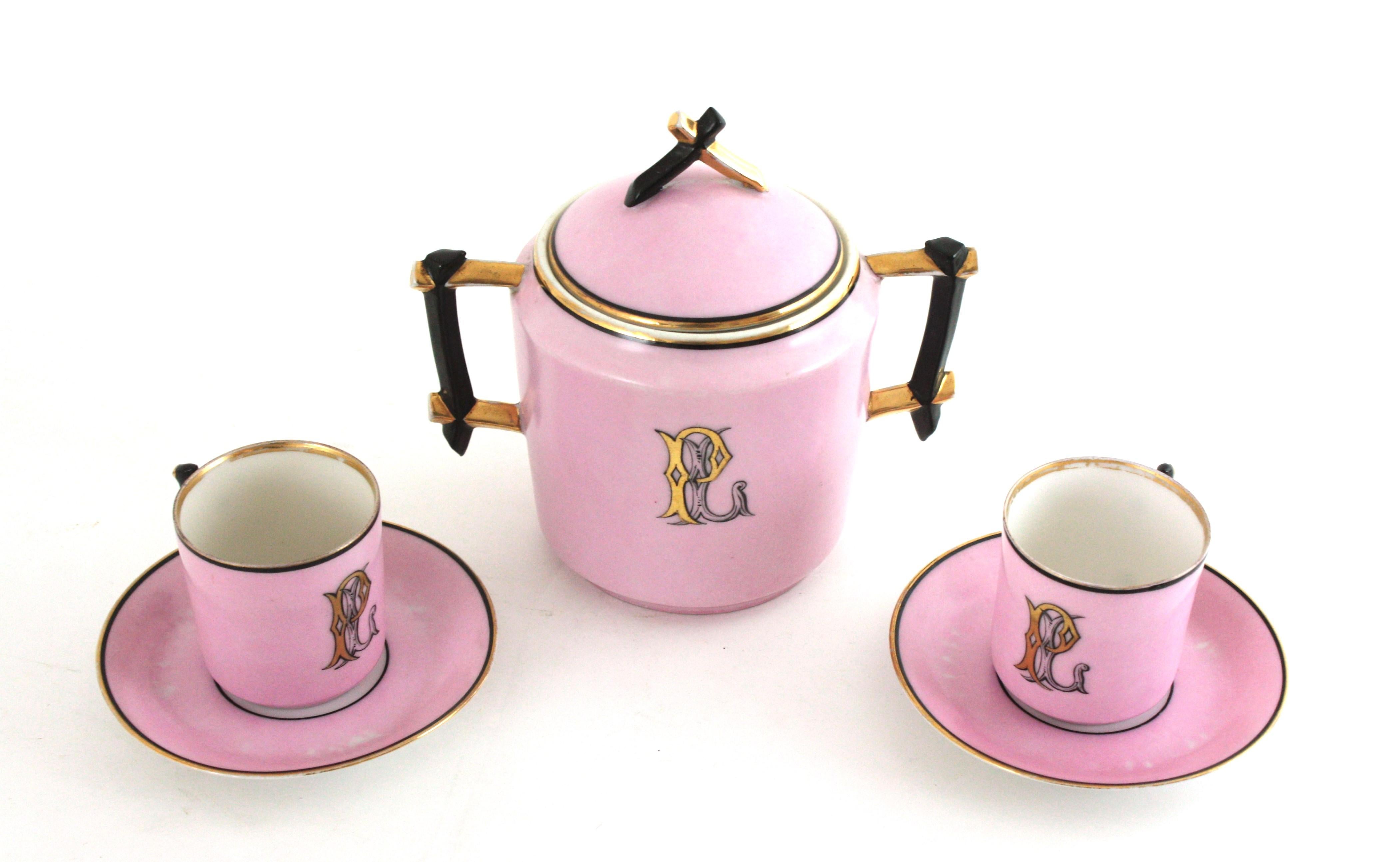 Französisches rosa Porzellan Art Deco Chinoiserie Kaffee Tee Service für sechs Personen im Zustand „Gut“ im Angebot in Barcelona, ES