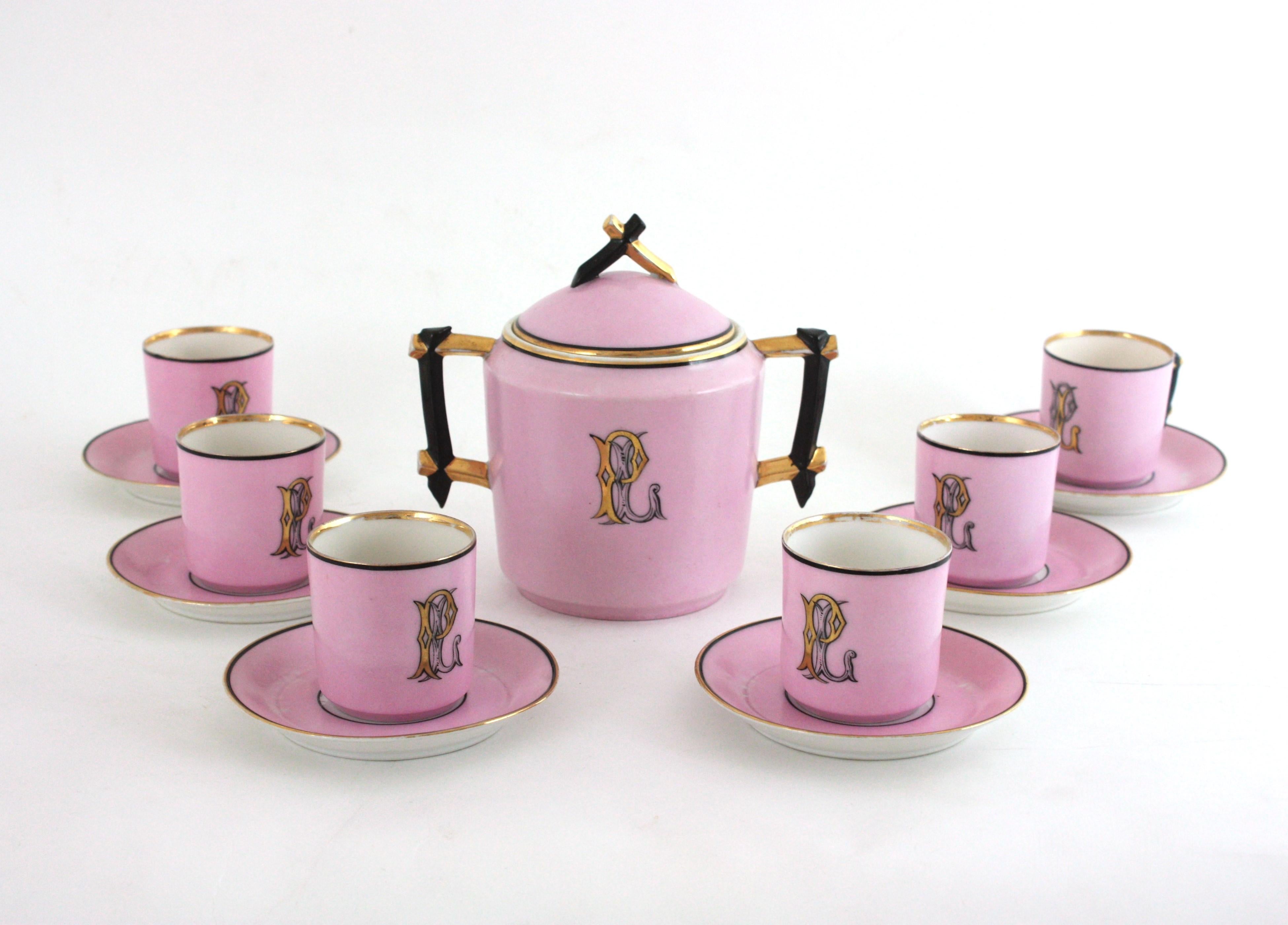 Französisches rosa Porzellan Art Deco Chinoiserie Kaffee Tee Service für sechs Personen im Angebot 8