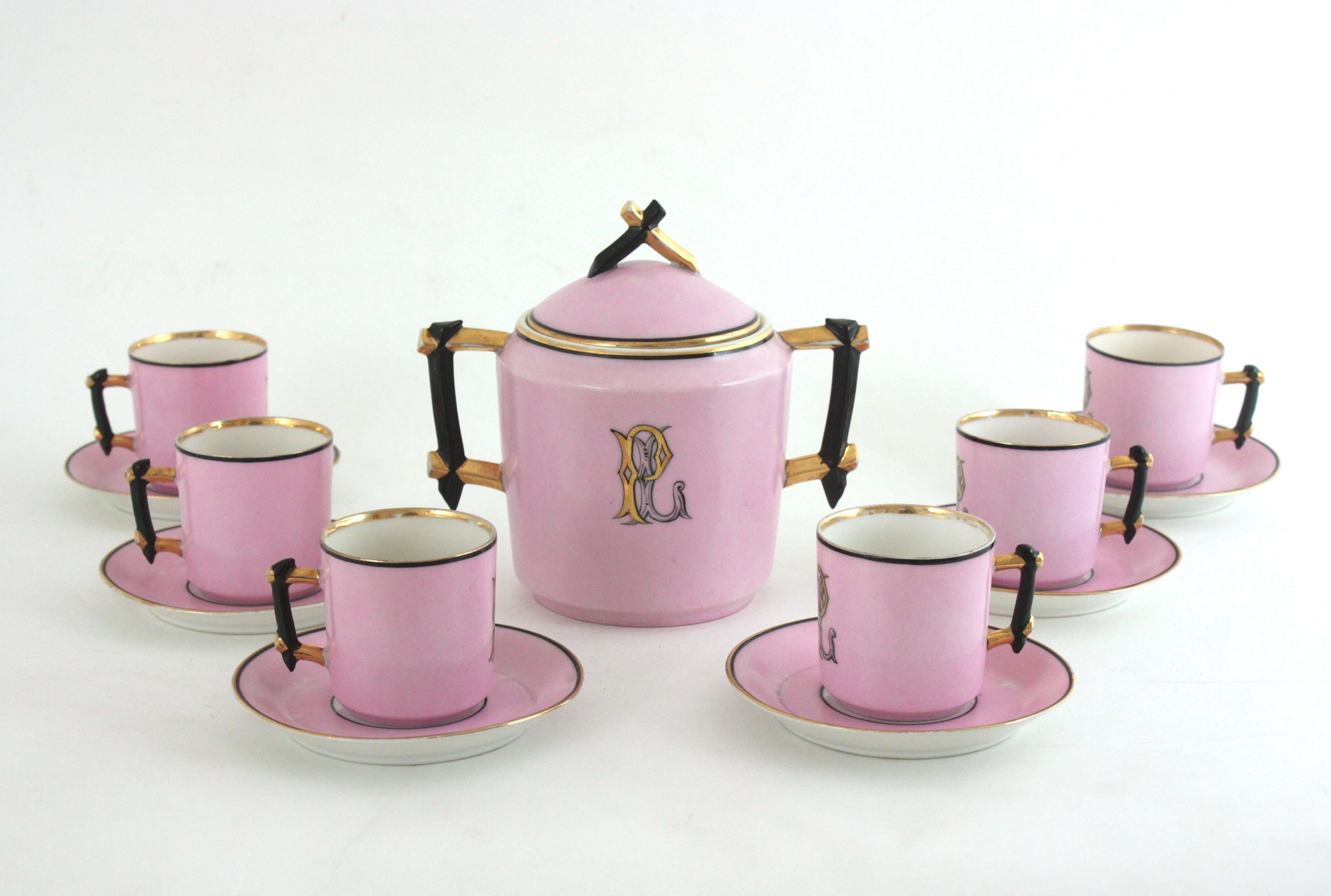 Französisches rosa Porzellan Art Deco Chinoiserie Kaffee Tee Service für sechs Personen im Angebot 10