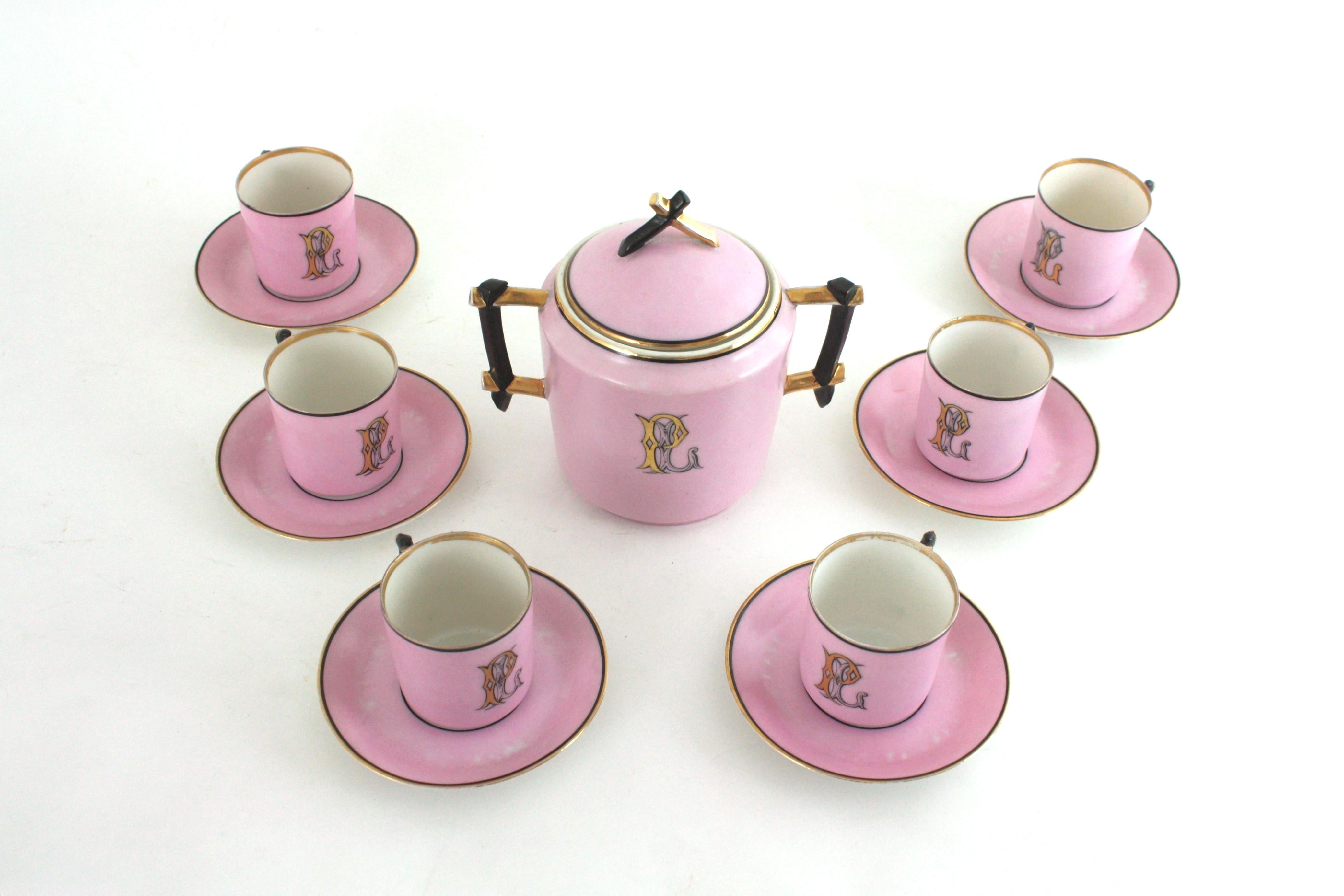 Französisches rosa Porzellan Art Deco Chinoiserie Kaffee Tee Service für sechs Personen im Angebot 9