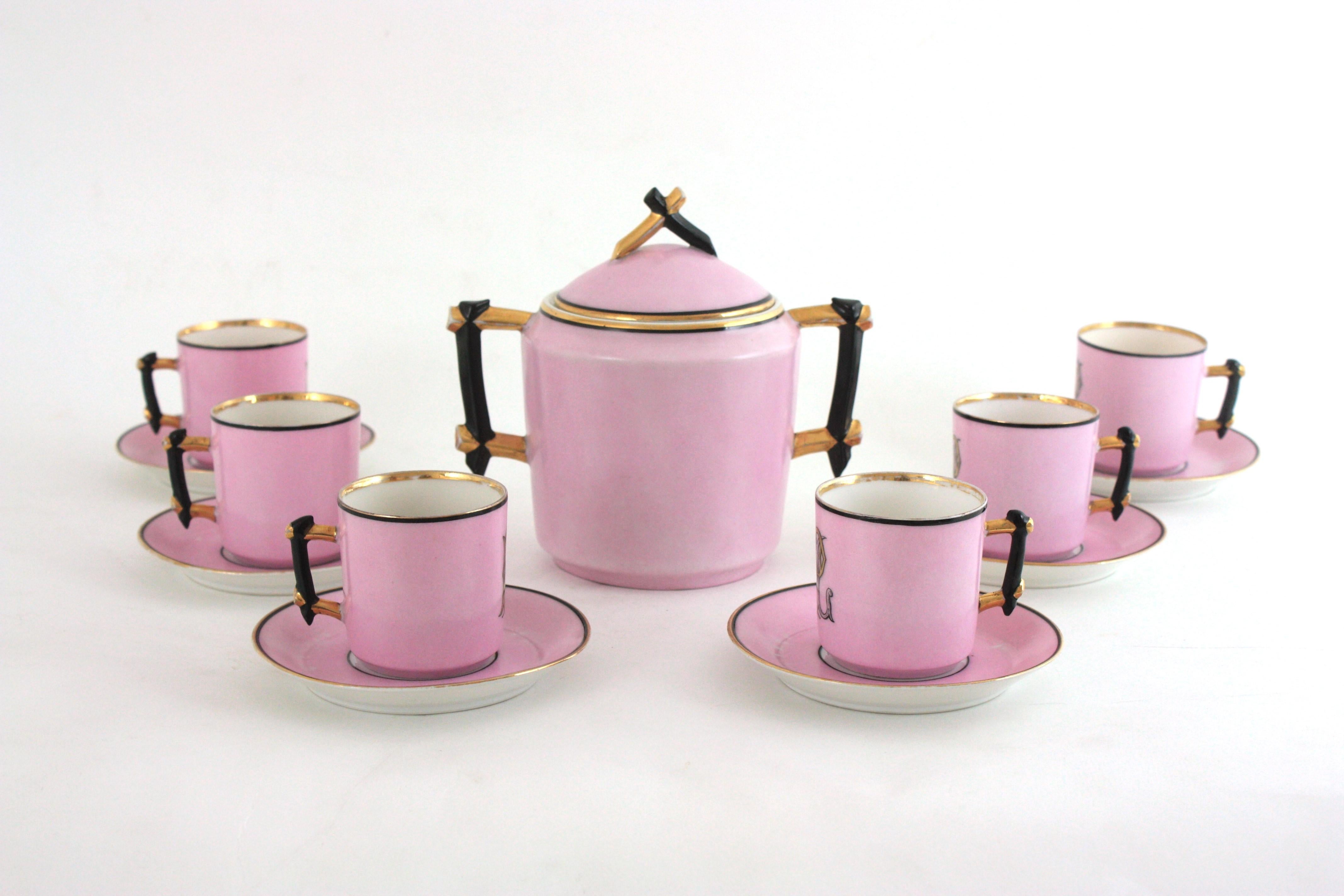 Französisches rosa Porzellan Art Deco Chinoiserie Kaffee Tee Service für sechs Personen im Angebot 11