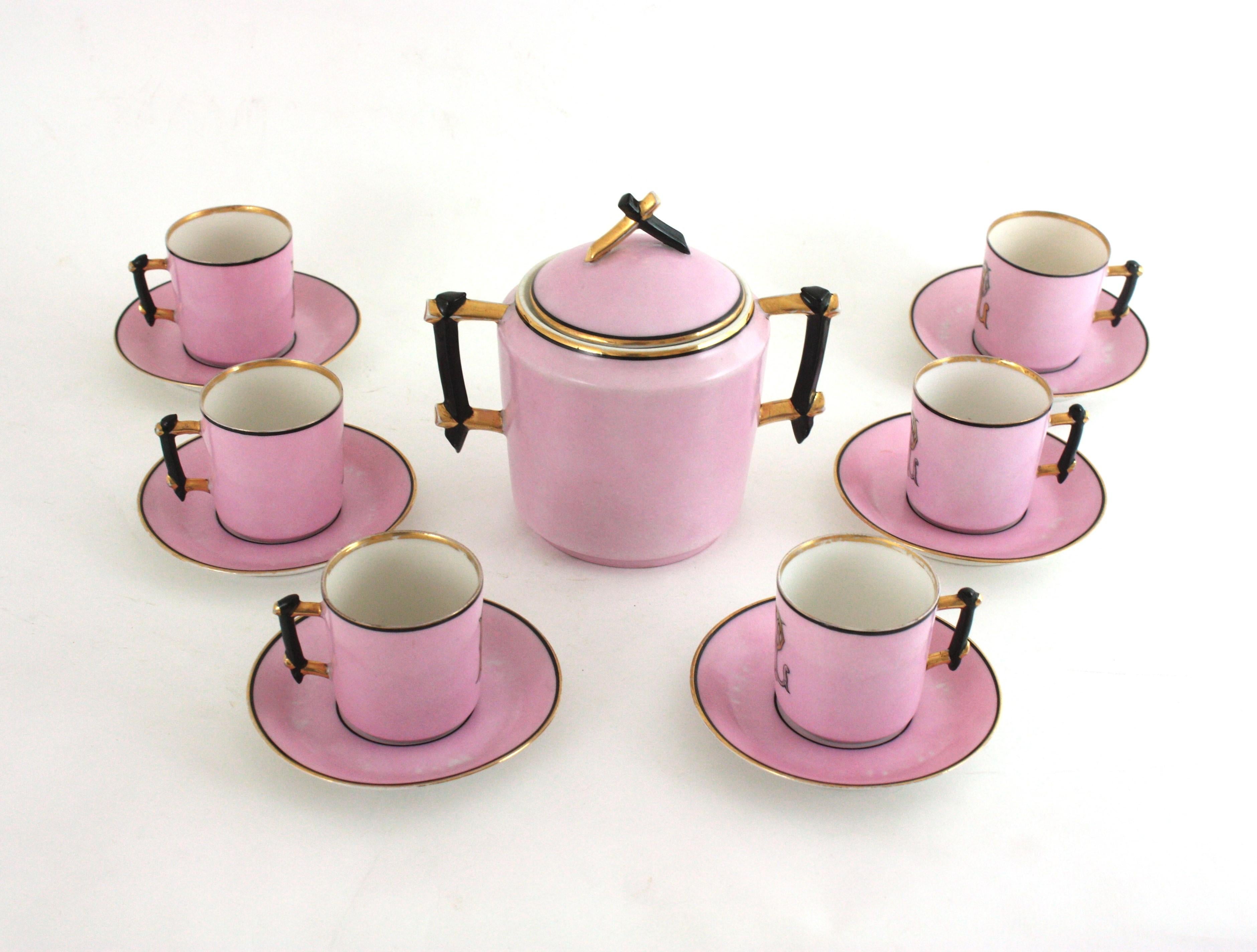 Französisches rosa Porzellan Art Deco Chinoiserie Kaffee Tee Service für sechs Personen im Angebot 12