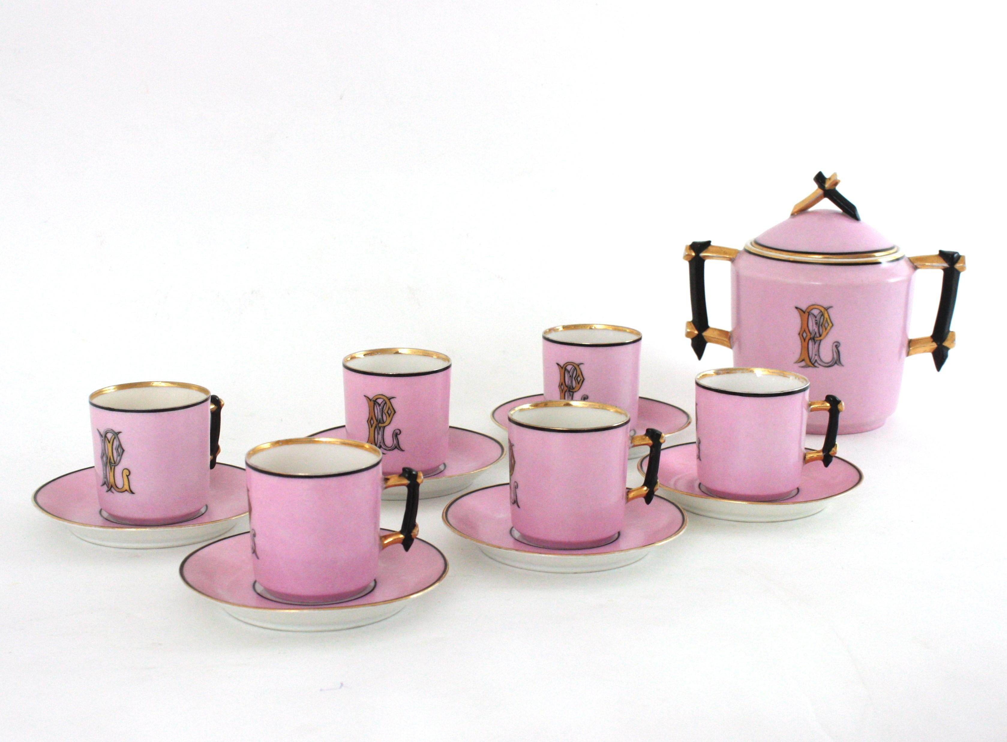 Französisches rosa Porzellan Art Deco Chinoiserie Kaffee Tee Service für sechs Personen (20. Jahrhundert) im Angebot