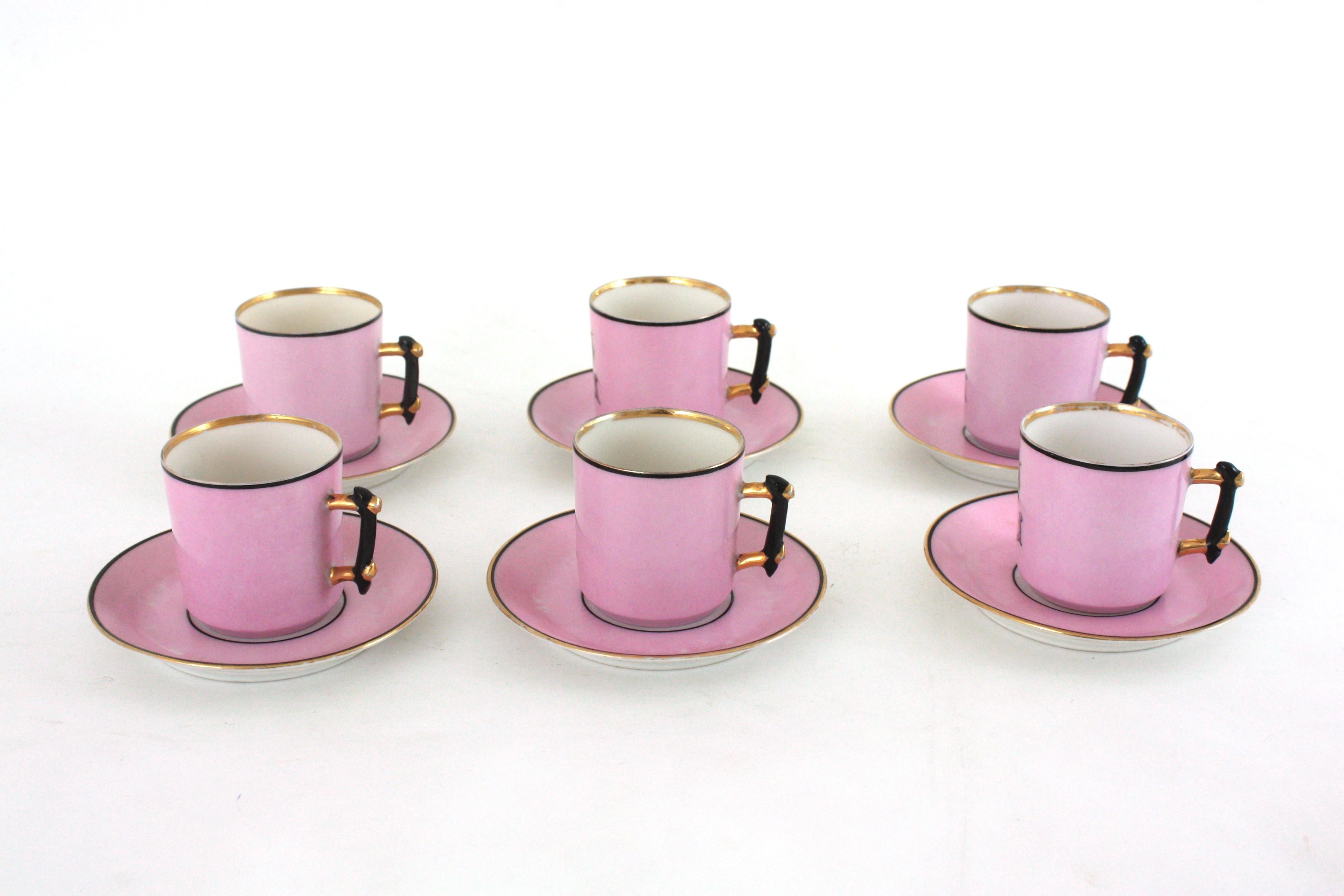 Französisches rosa Porzellan Art Deco Chinoiserie Kaffee Tee Service für sechs Personen im Angebot 2