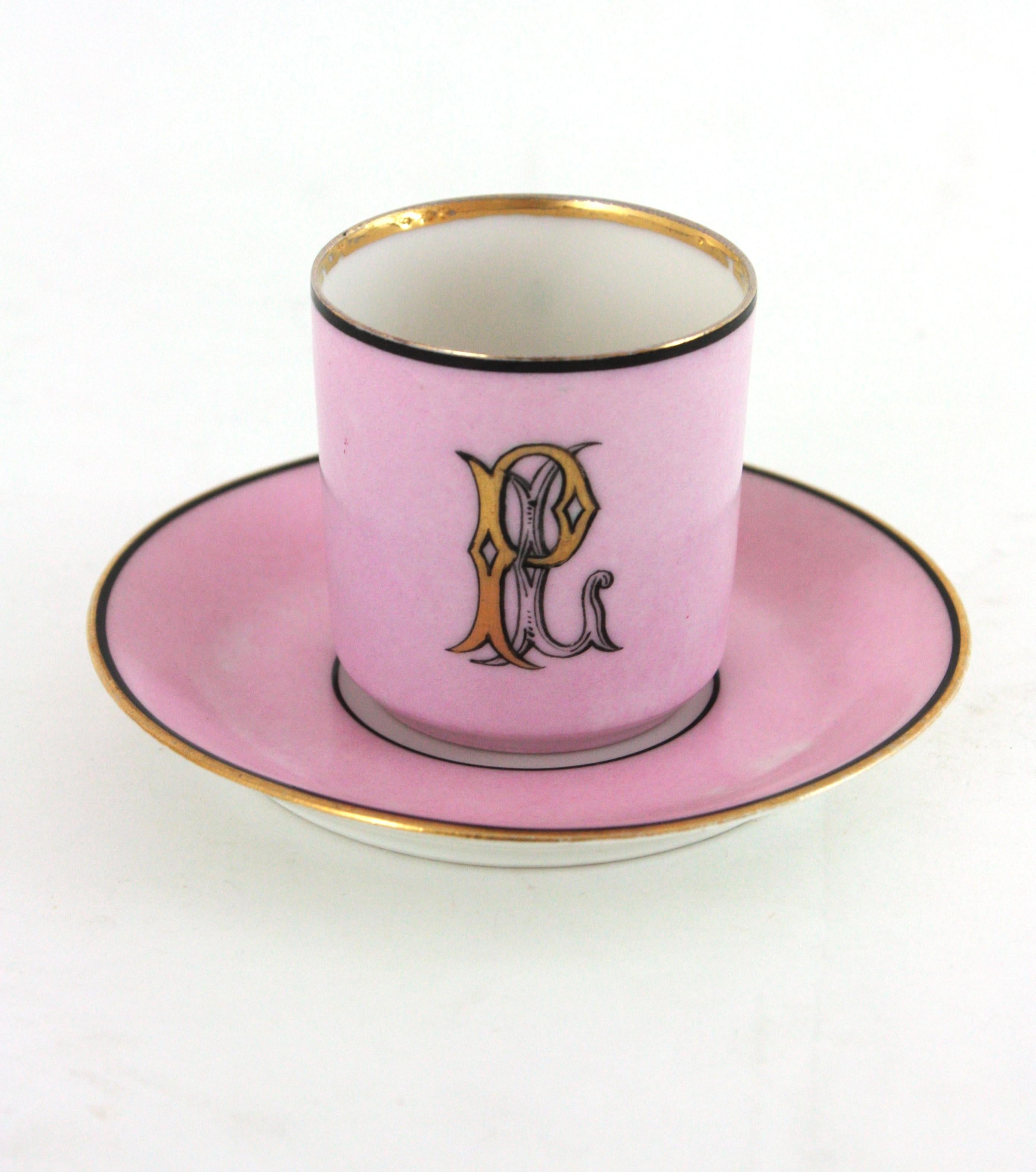 Französisches rosa Porzellan Art Deco Chinoiserie Kaffee Tee Service für sechs Personen im Angebot 4
