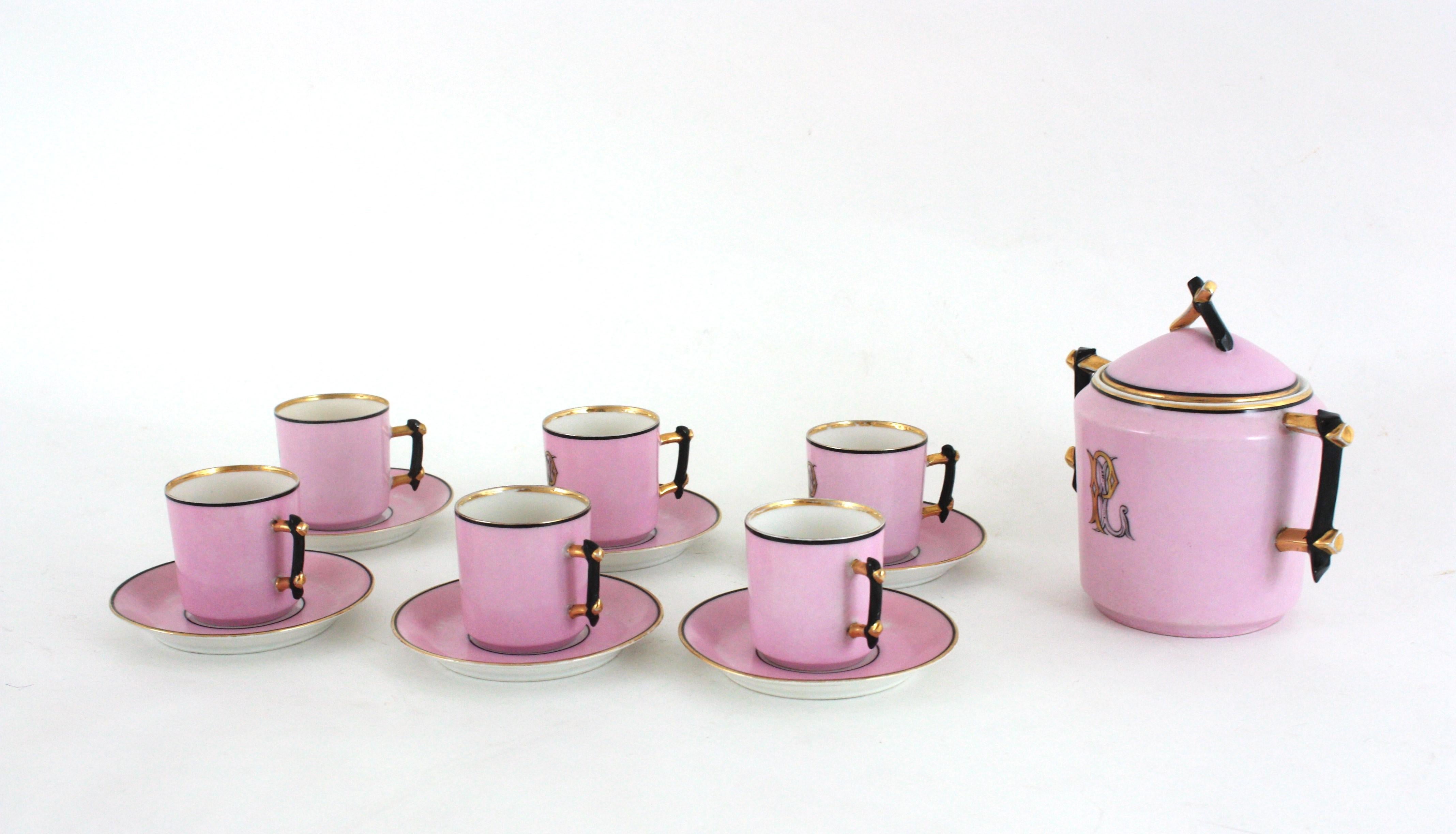 Französisches rosa Porzellan Art Deco Chinoiserie Kaffee Tee Service für sechs Personen im Angebot 1