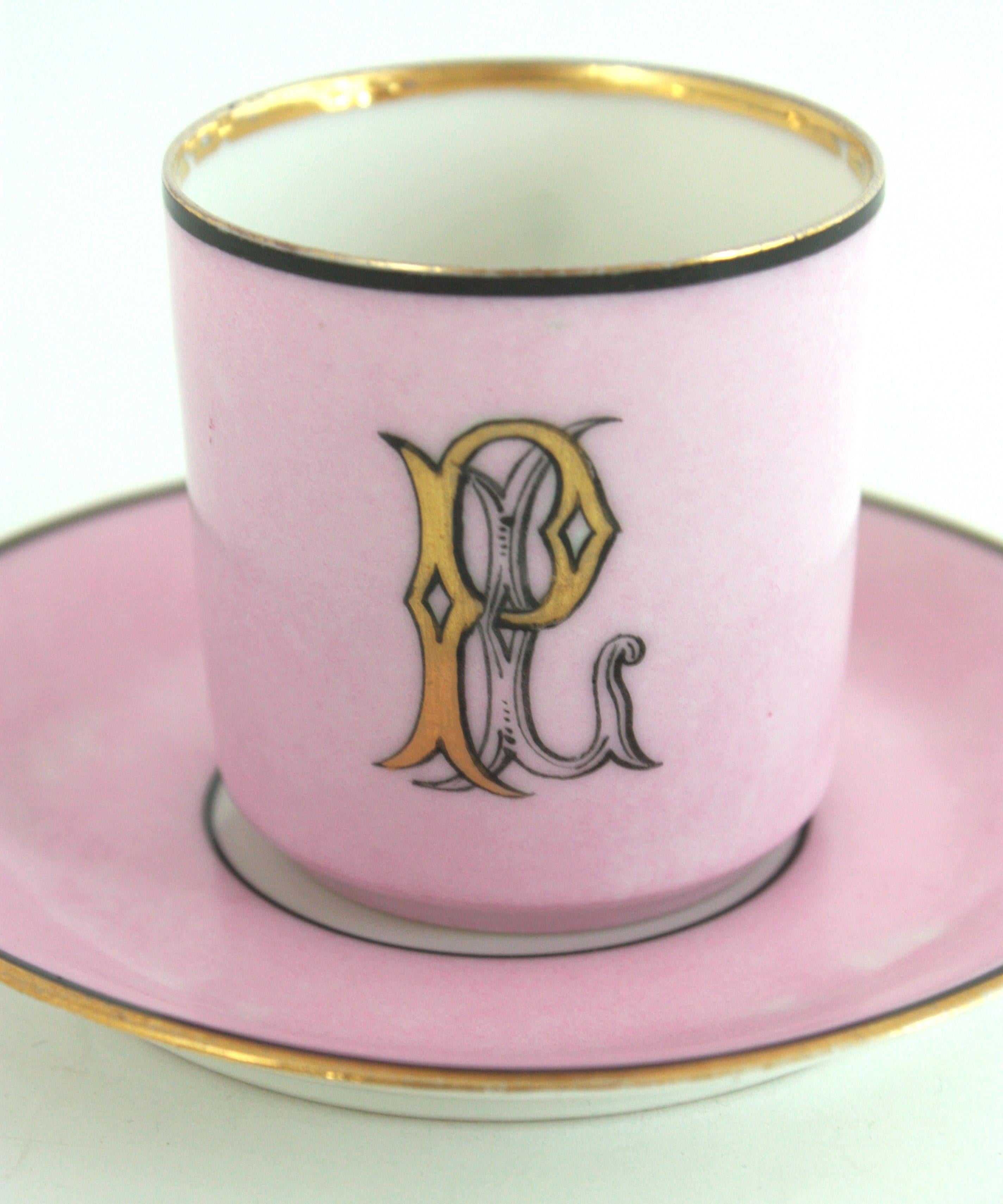 Französisches rosa Porzellan Art Deco Chinoiserie Kaffee Tee Service für sechs Personen im Angebot 5