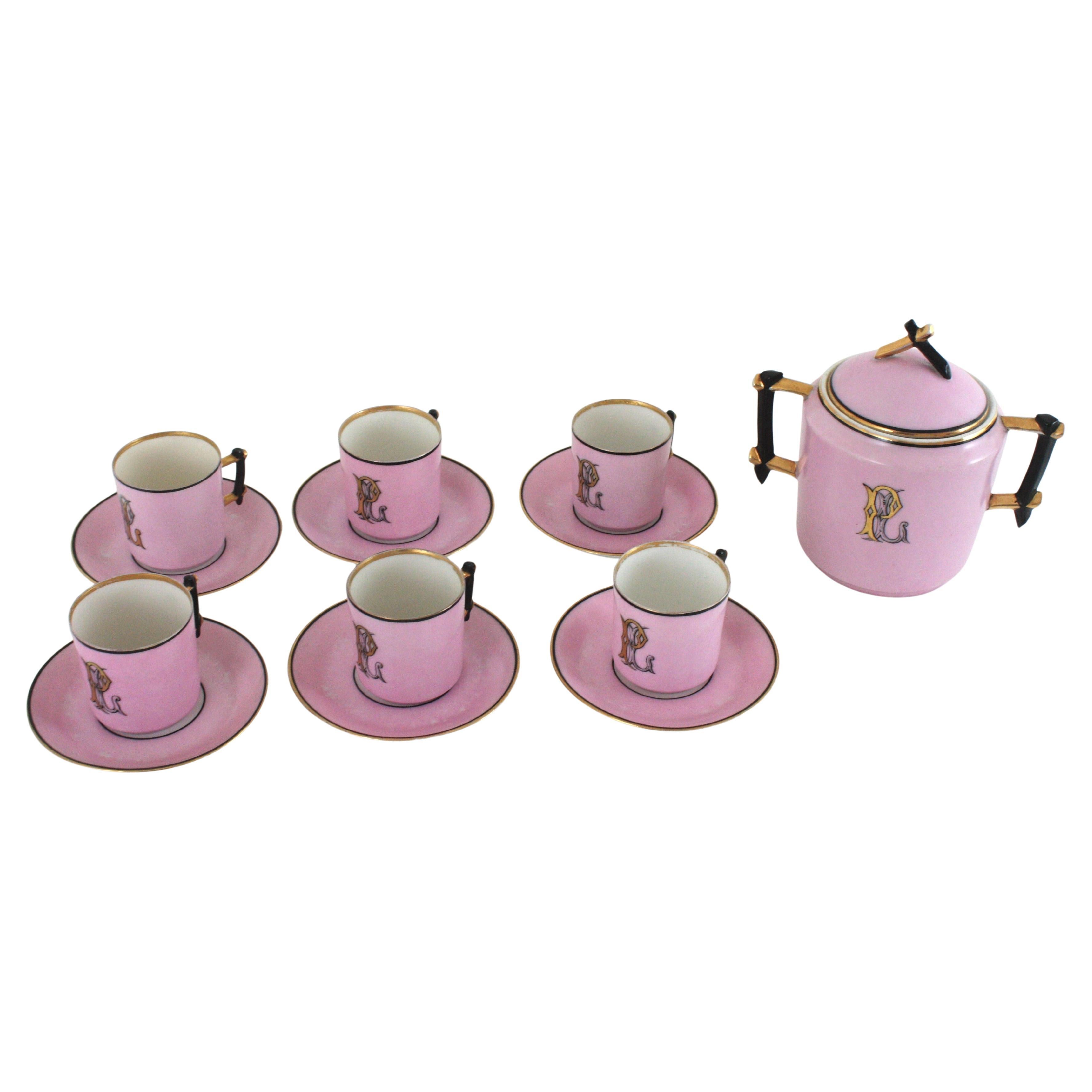 Französisches rosa Porzellan Art Deco Chinoiserie Kaffee Tee Service für sechs Personen (Art déco) im Angebot