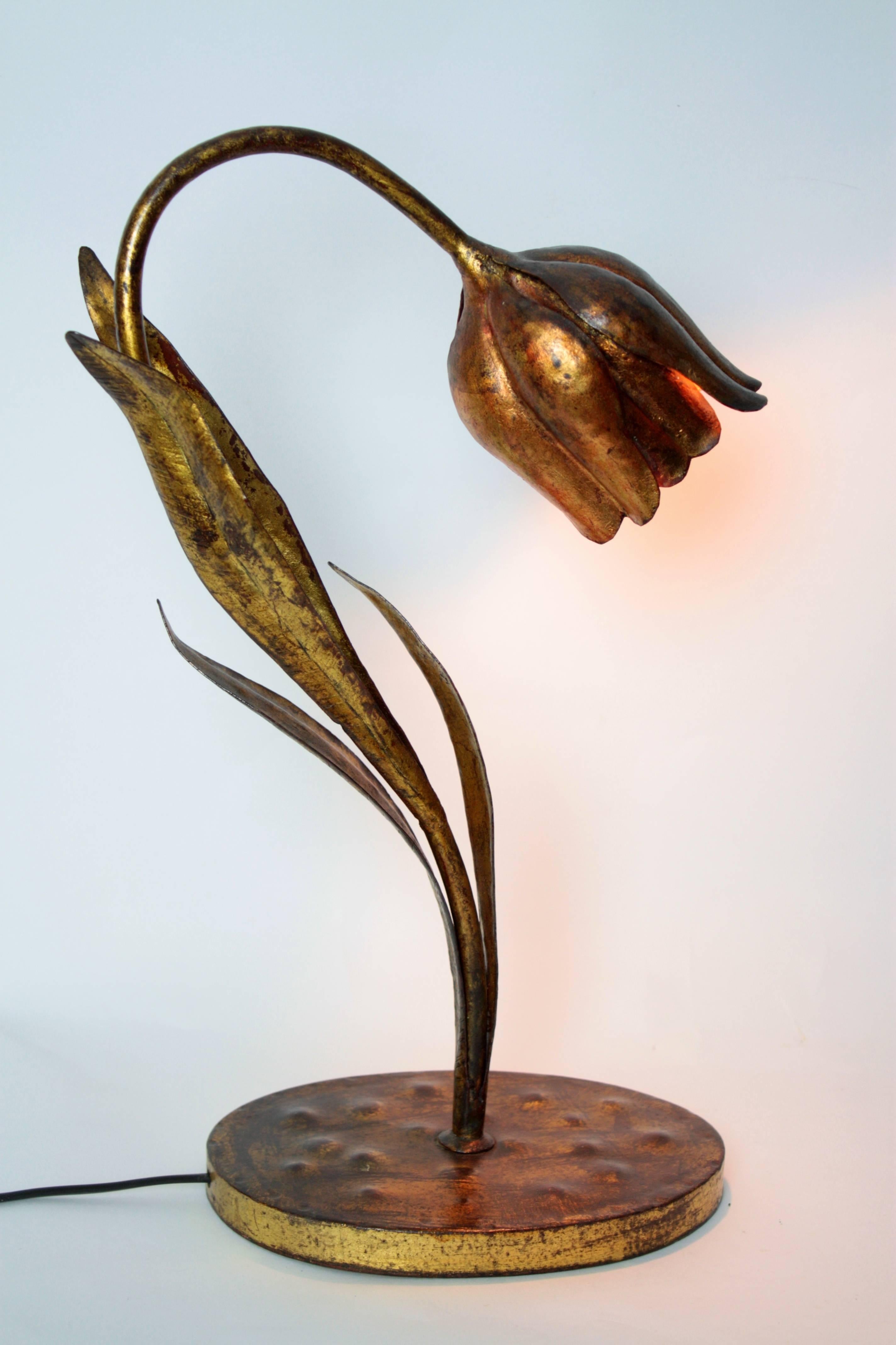 Gold Leaf French Art Nouveau Flower Shaped Gilt Iron Table Lamp