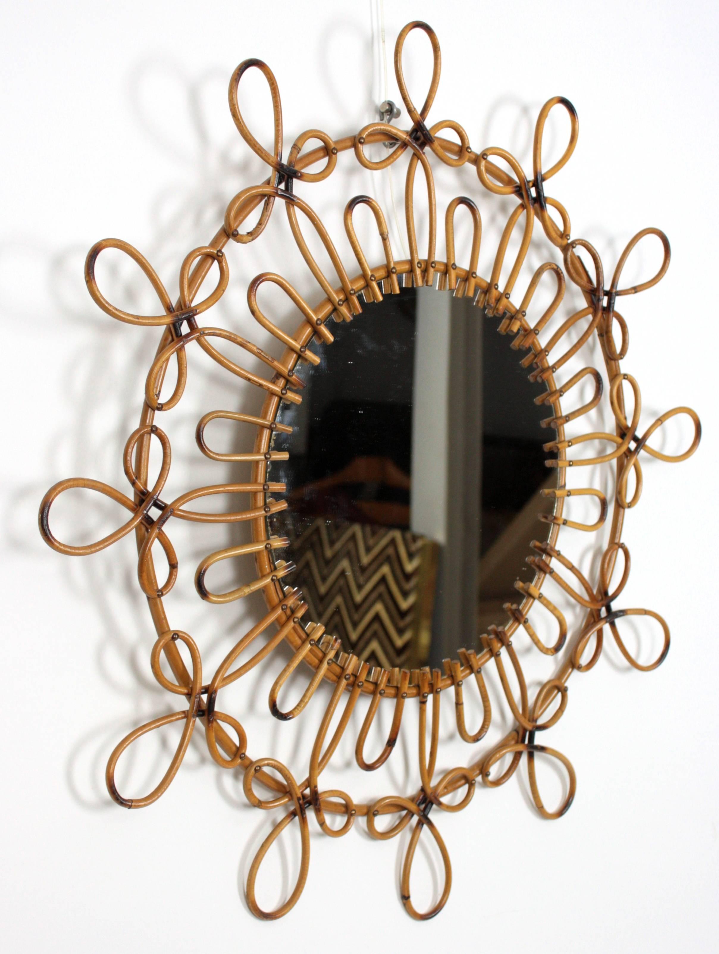 Mid-Century Modern Spanish 1960s Double Layered Flower Burst Wicker Mirror