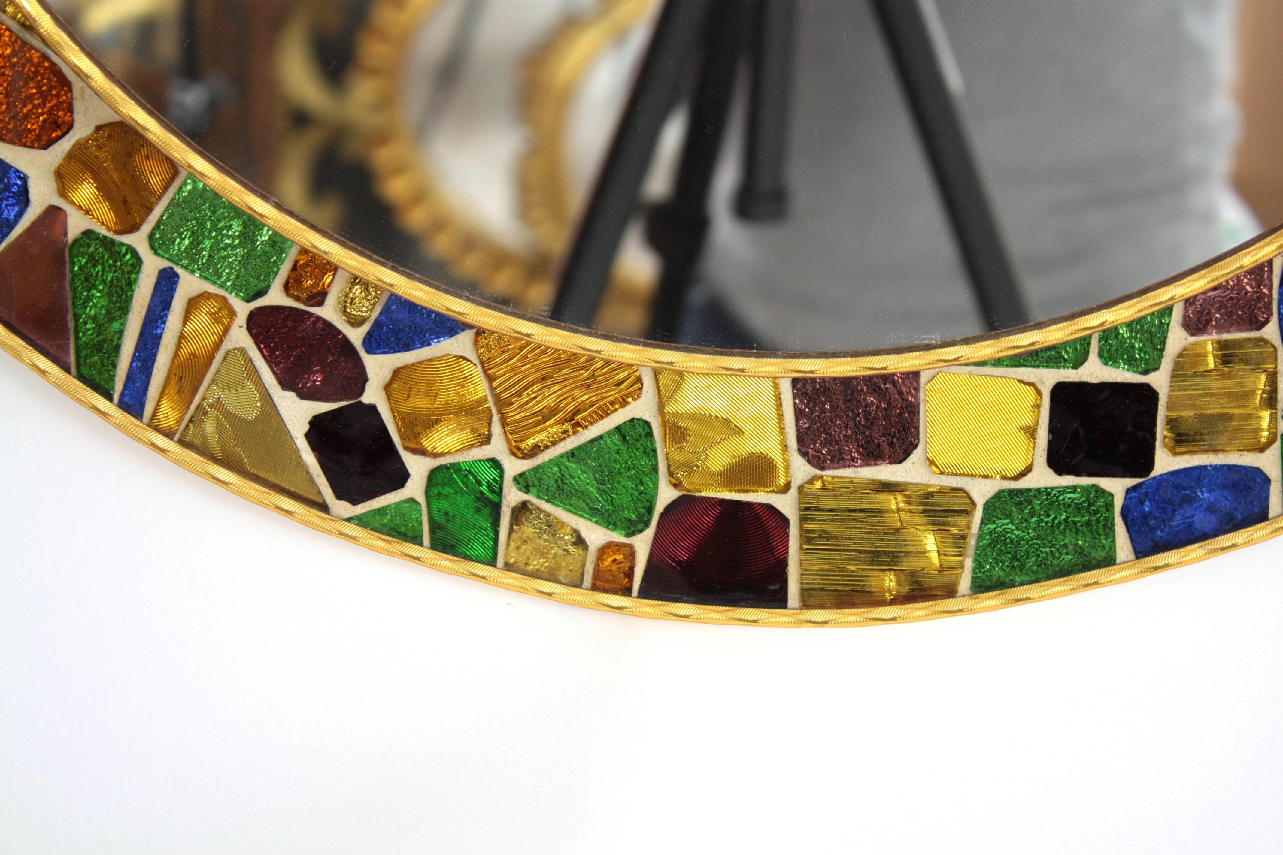 20th Century Spanish Mid-Century Modern Multi-color Glass Mosaic Circular Mirror
