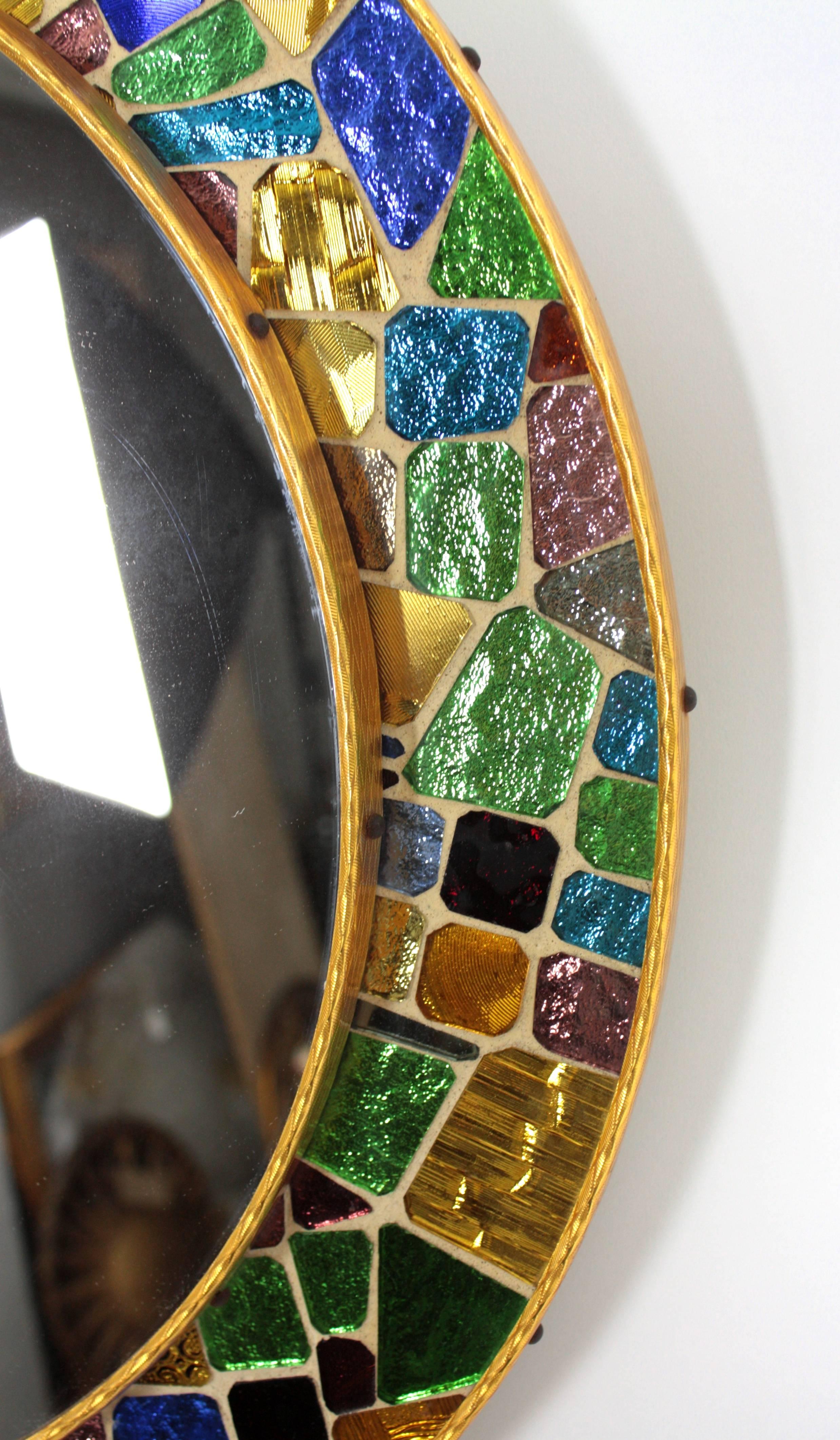 Art Glass Spanish Mid-Century Modern Multi-color Glass Mosaic Circular Mirror
