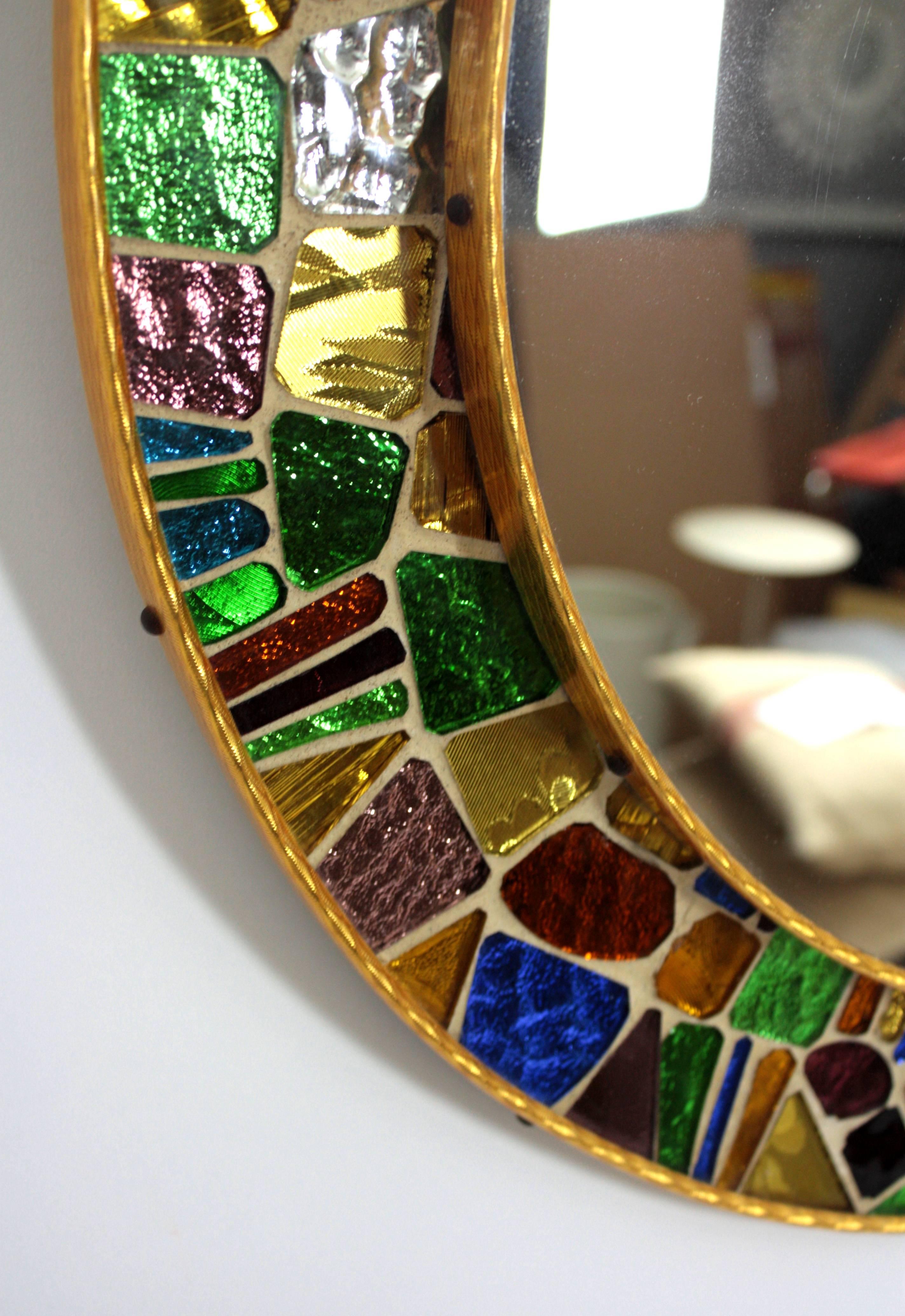 Spanish Mid-Century Modern Multi-color Glass Mosaic Circular Mirror 1