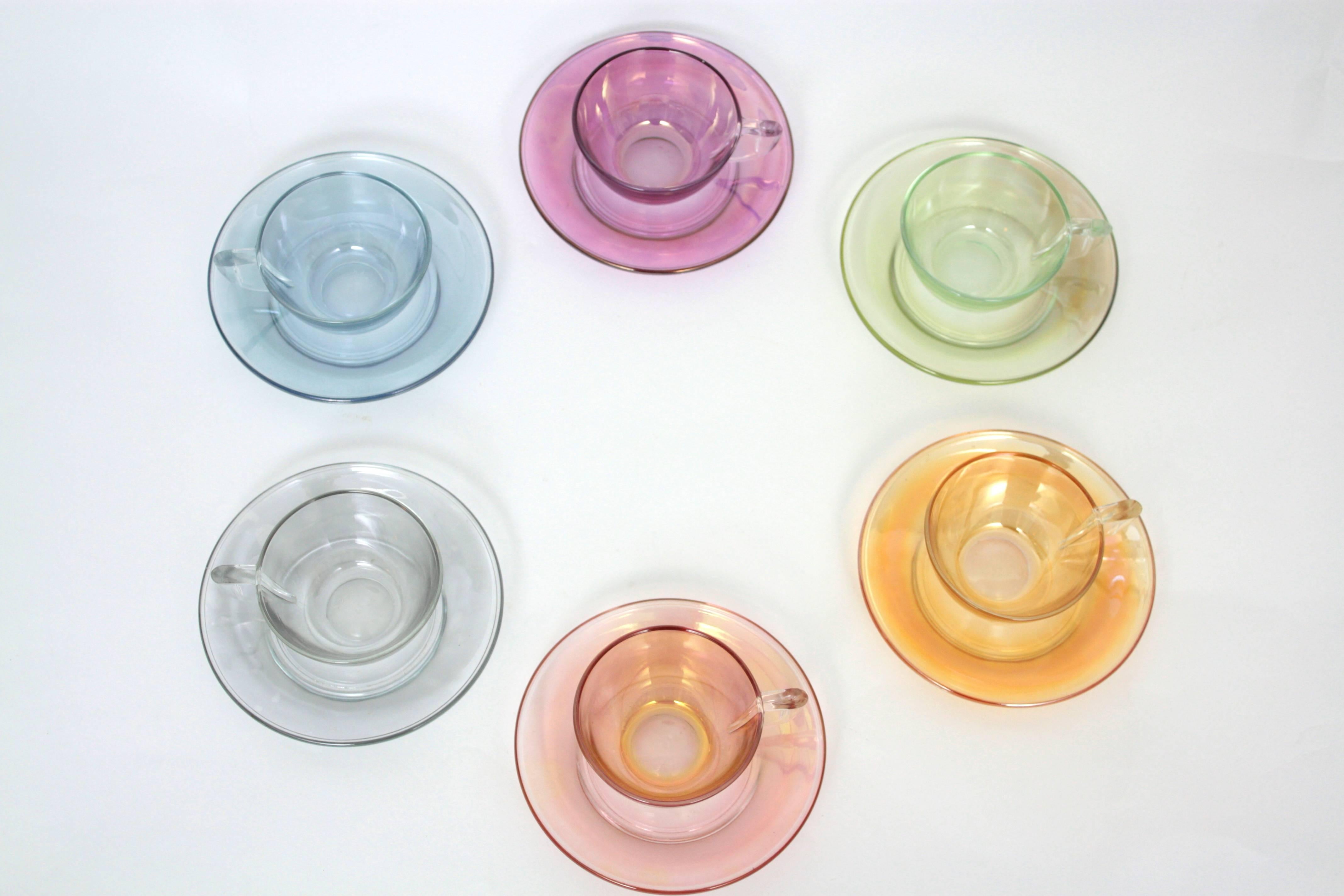Mid-Century Modern Vintage Set of Six Iridescent Pastel Colors Coffee Cups