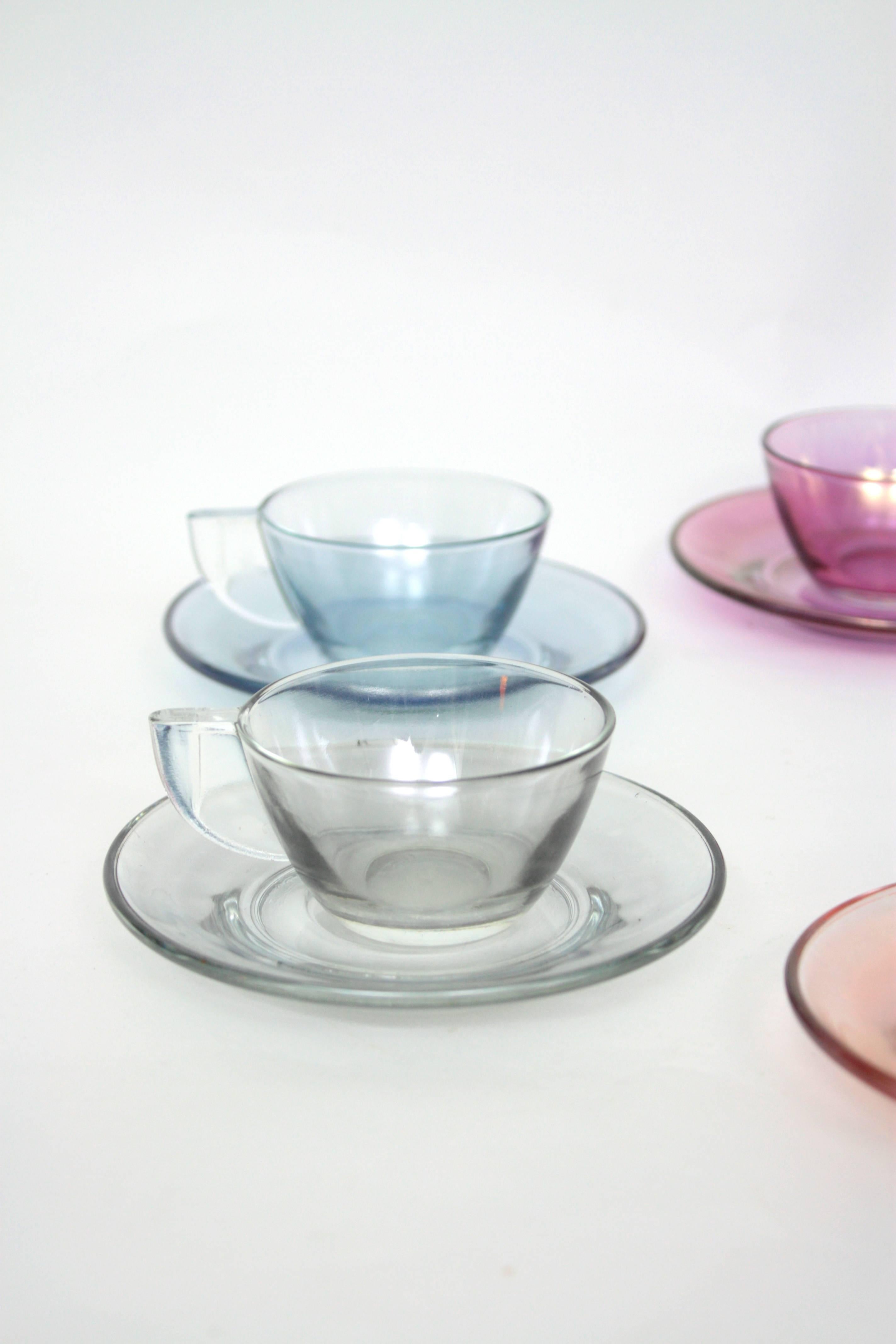 Glass Vintage Set of Six Iridescent Pastel Colors Coffee Cups
