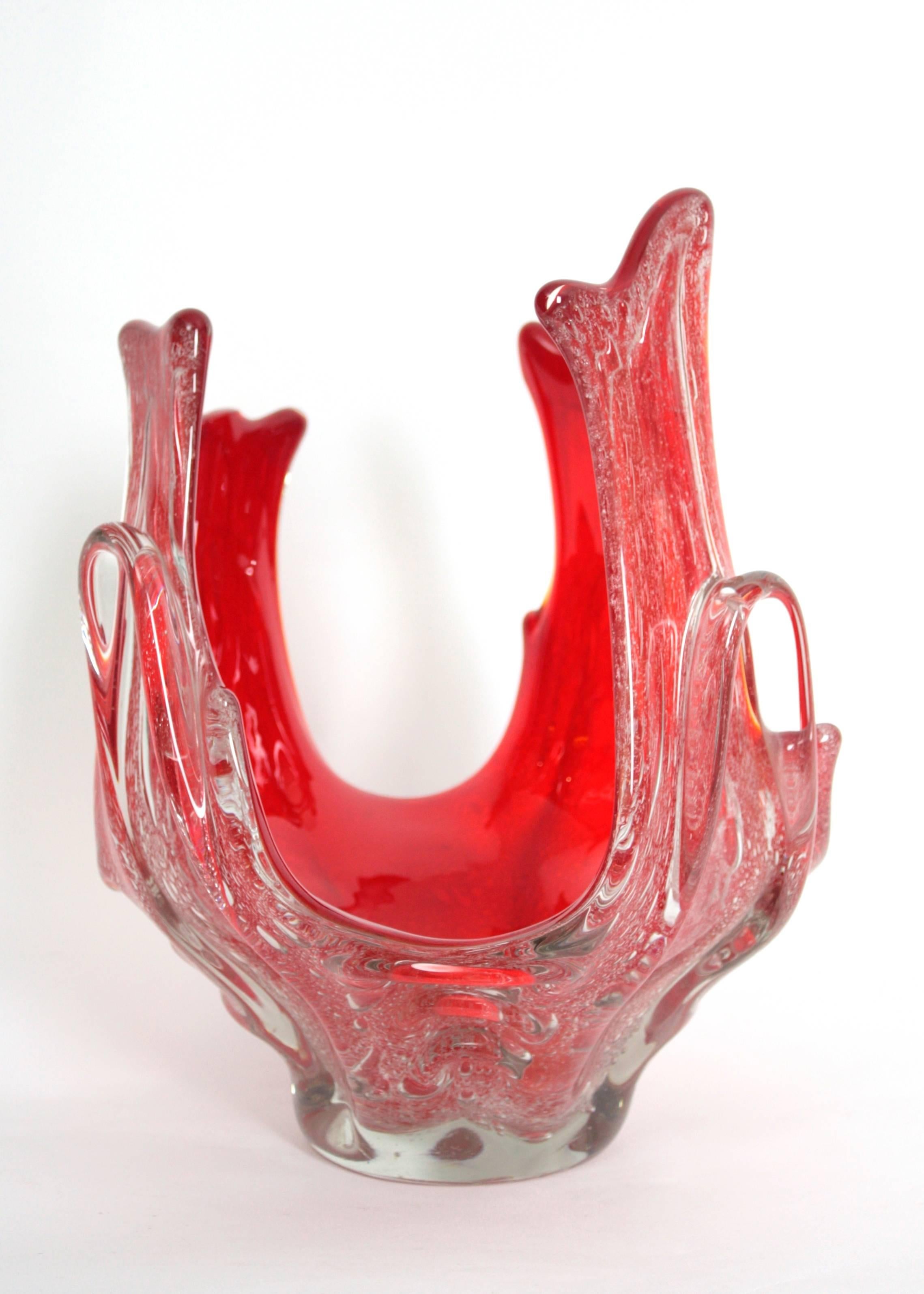 Mid-Century Modern Controlled Bubbles Vibrant Red Sommerso Murano Glass Centerpiece or Vase