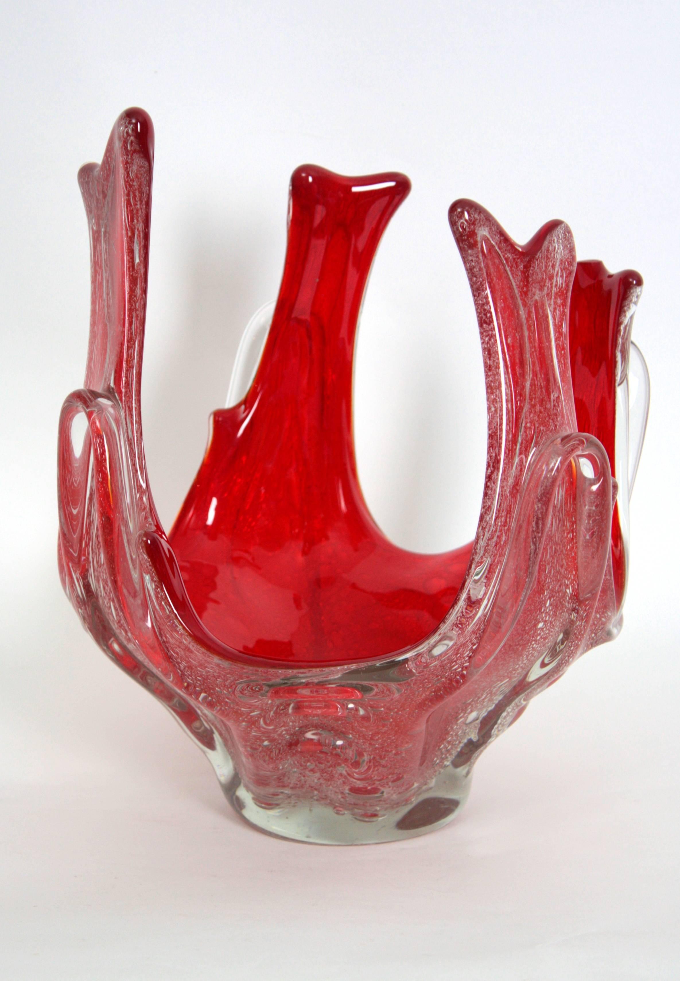 Italian Controlled Bubbles Vibrant Red Sommerso Murano Glass Centerpiece or Vase