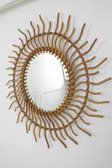 Large 1960s Spanish Bamboo Rattan Sunburst Pinwheel Mirror with Curly Beams