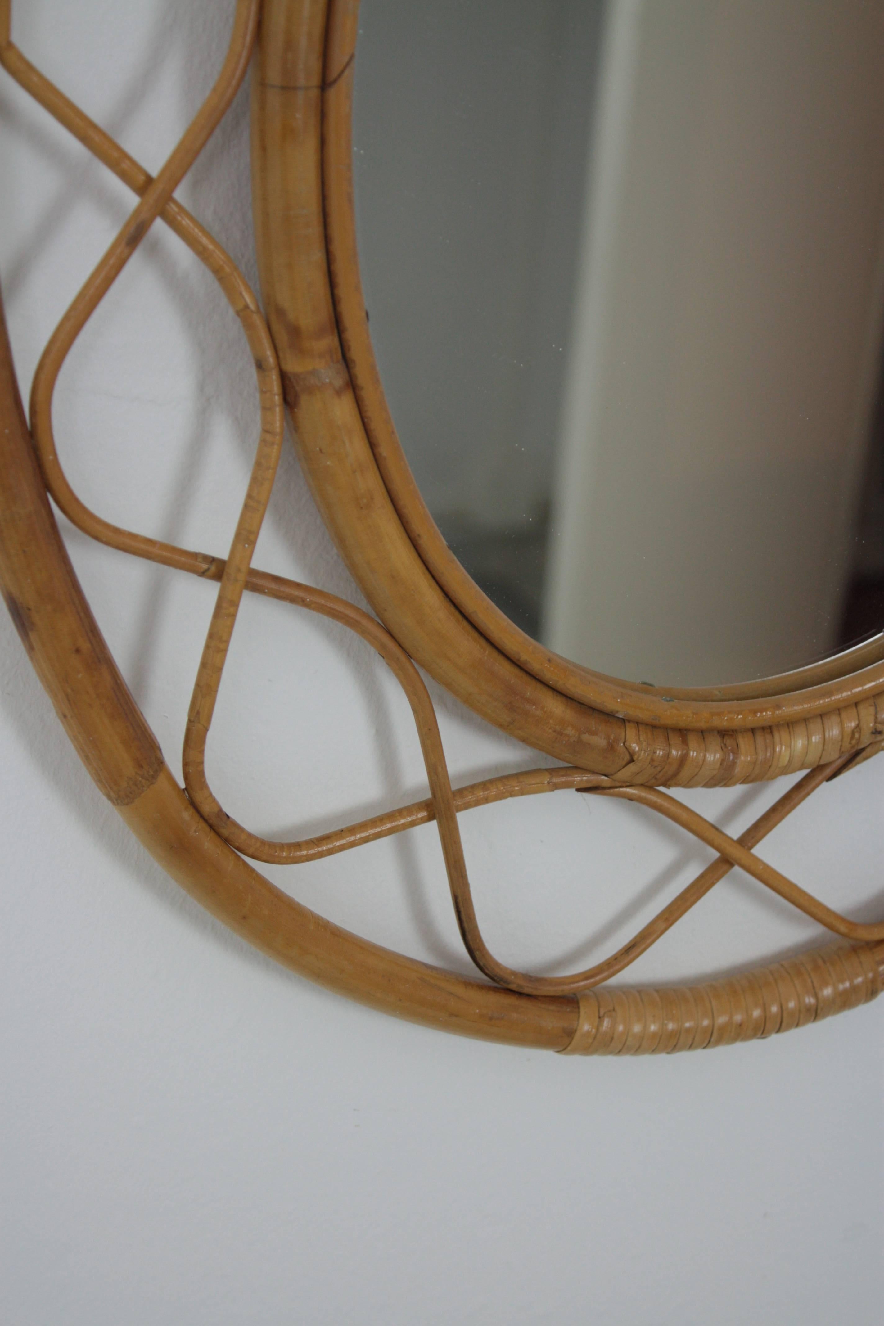Mid-Century Modern Jean Royère Style French Riviera Bamboo and Rattan Oval Mirror