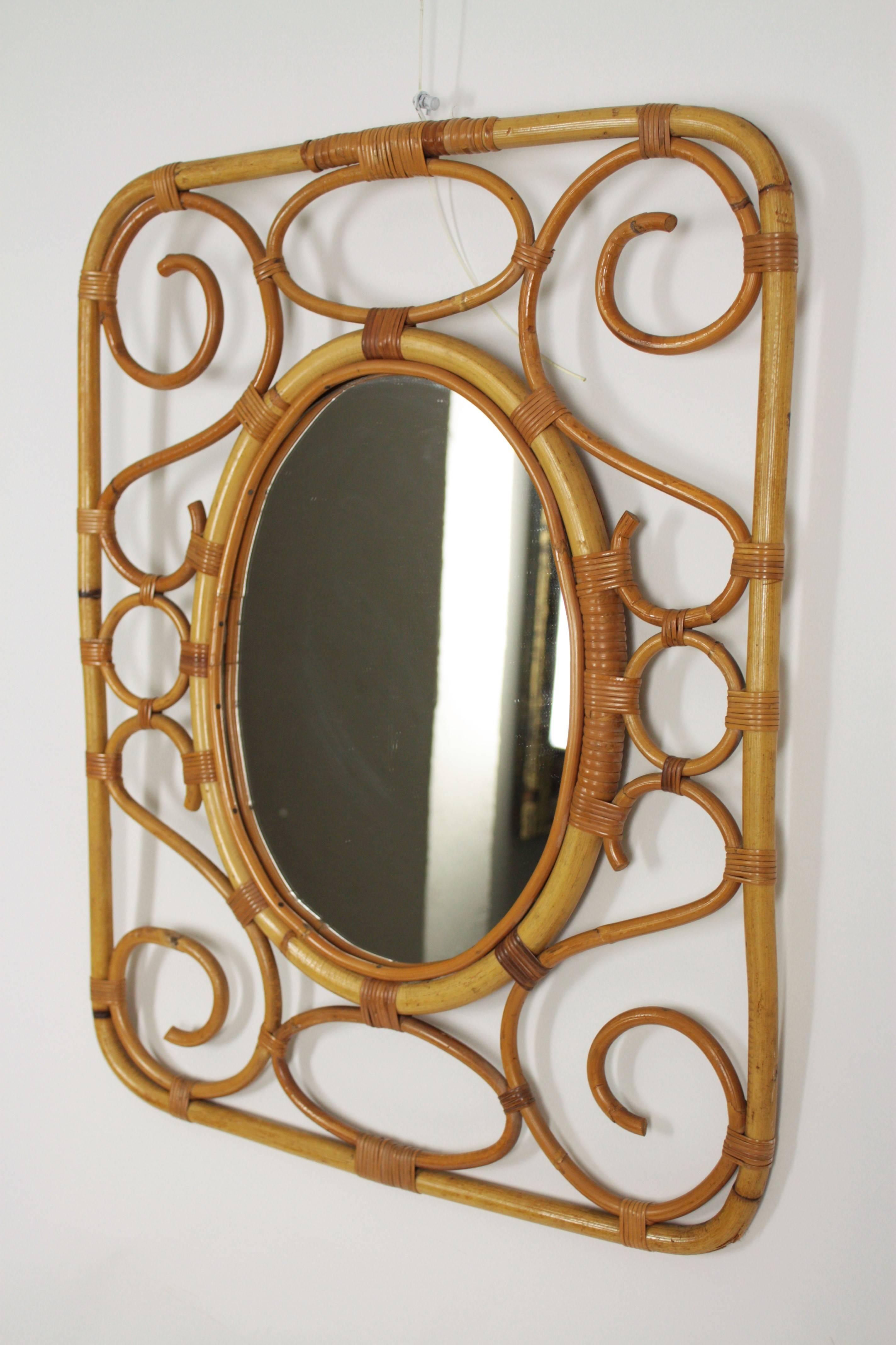 Hand-Crafted Mid-Century Modern Spanish Bamboo and Rattan Rectangular Mirror