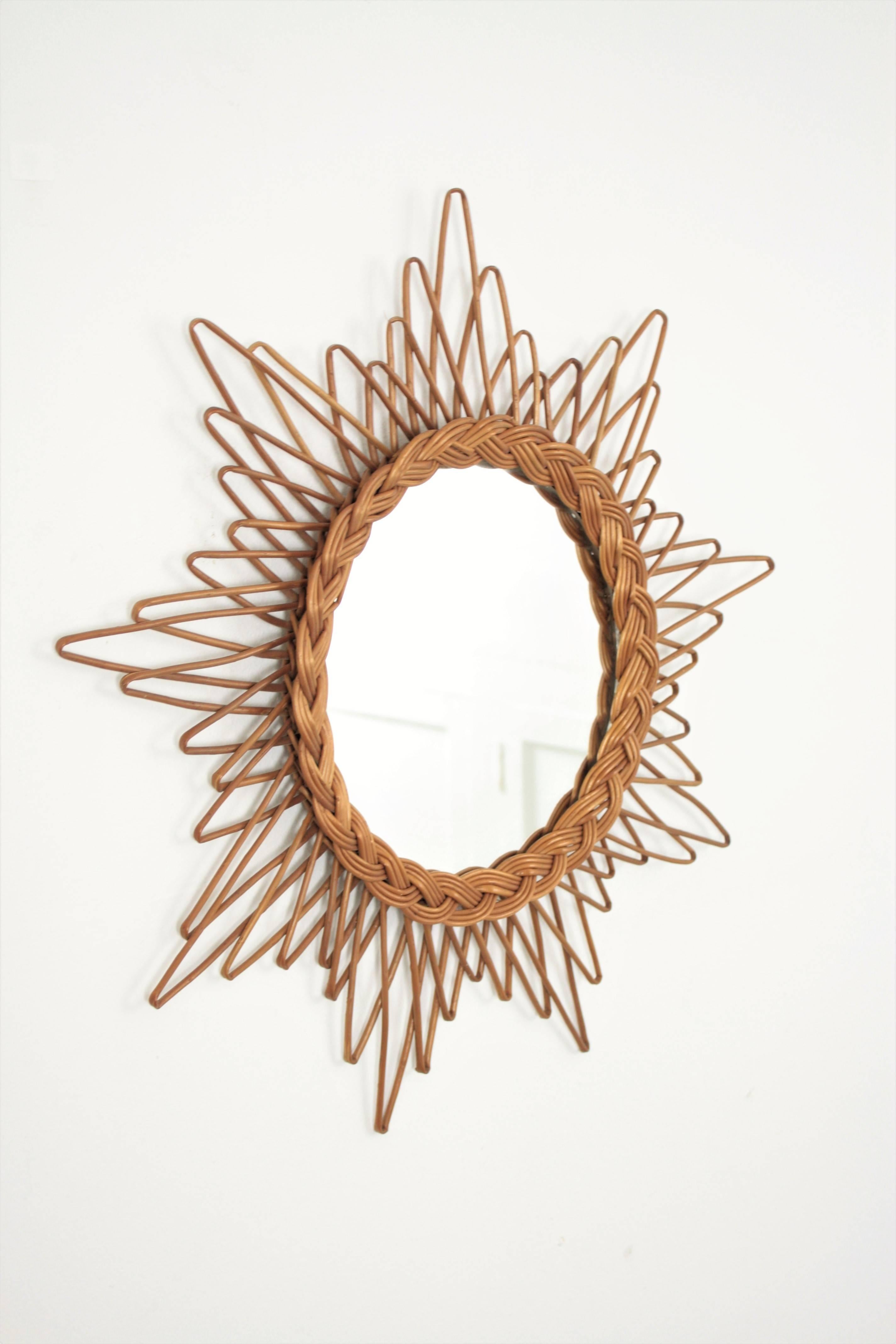 Mid-Century Modern French 1960s Starburst Rattan or Wicker Mirror