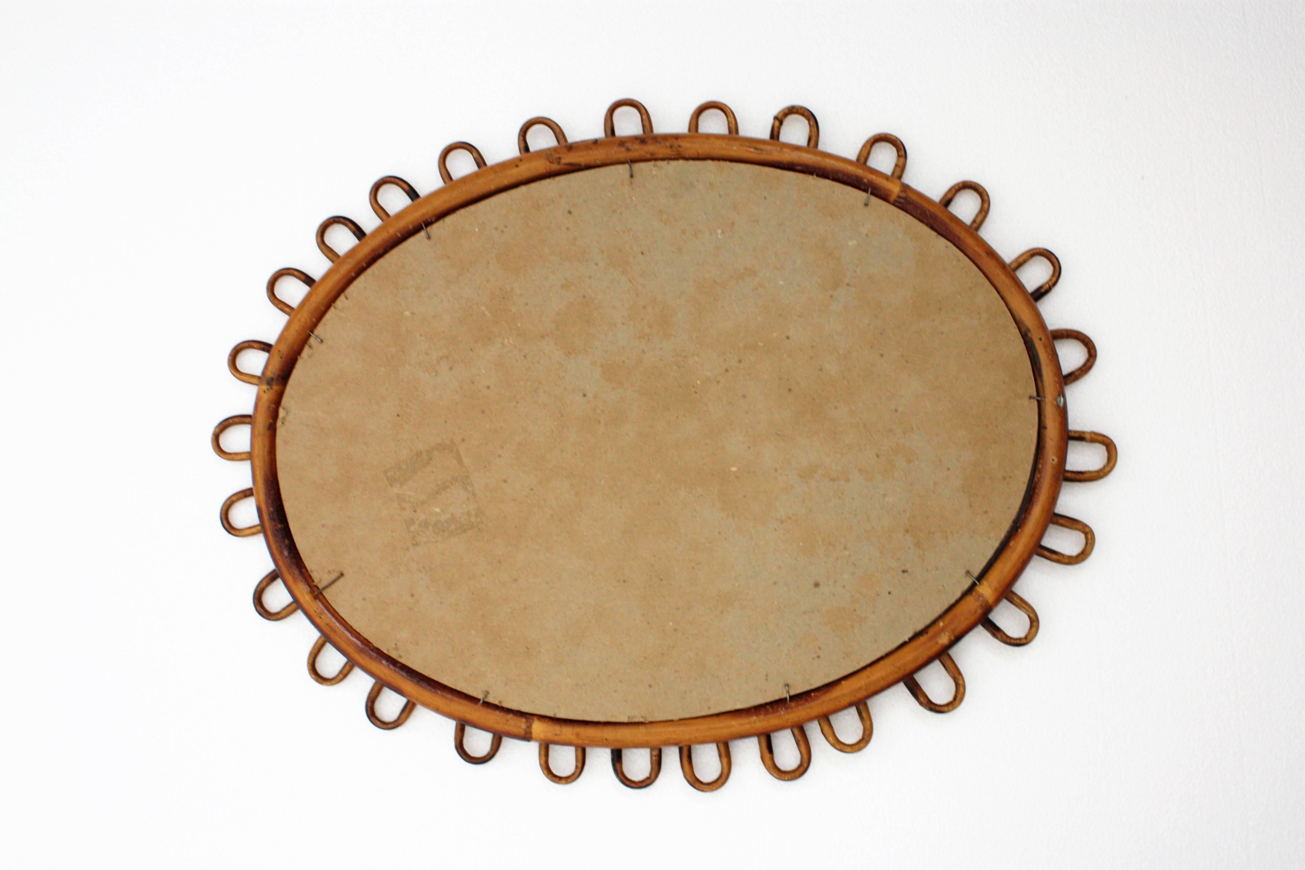 20th Century Jean Royère Style French Riviera, 1950s Rattan Mirror