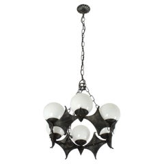 Brutalist Chandelier in Wrought Iron with Six Milk Glass Globe Lights, 1960s