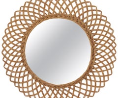Spanish Sunburst Mirror in Woven Wicker and Rattan, 1960s
